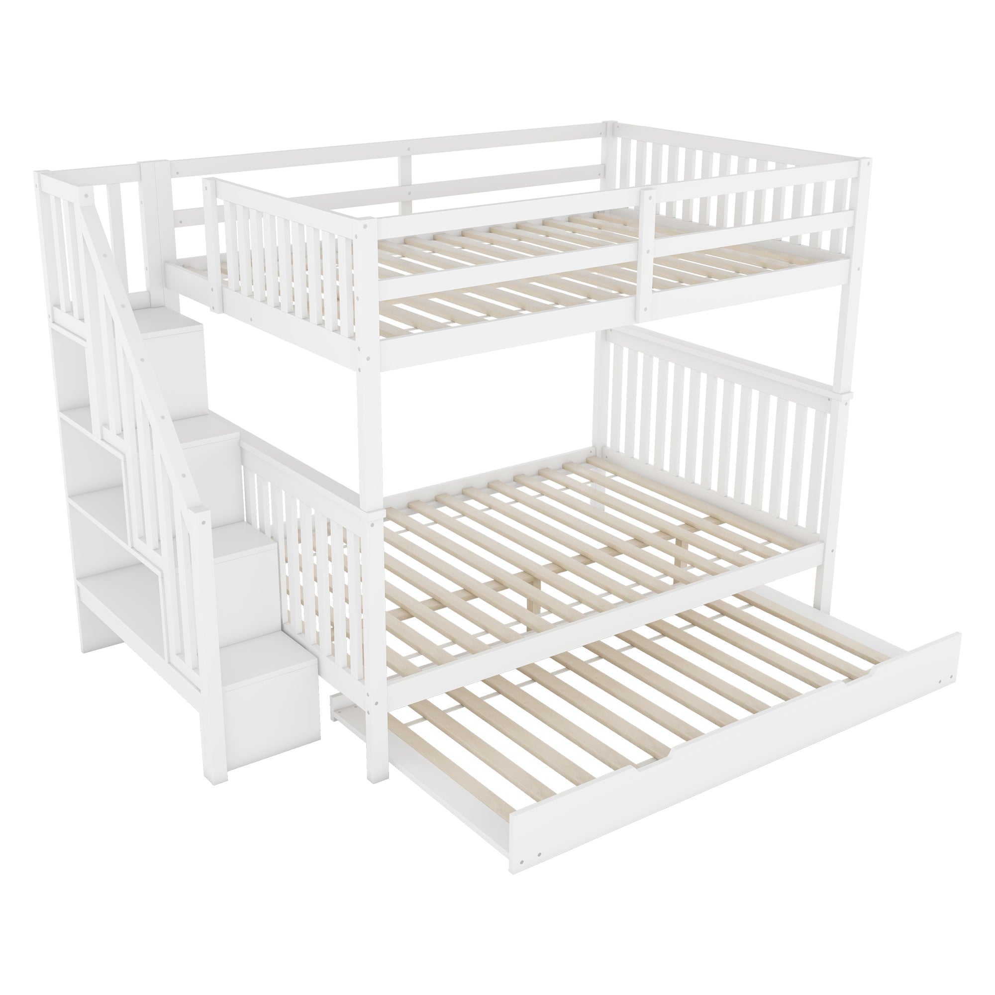 Bunk Bed 140x200cm Stair Shelf Pull-out Trundle - White