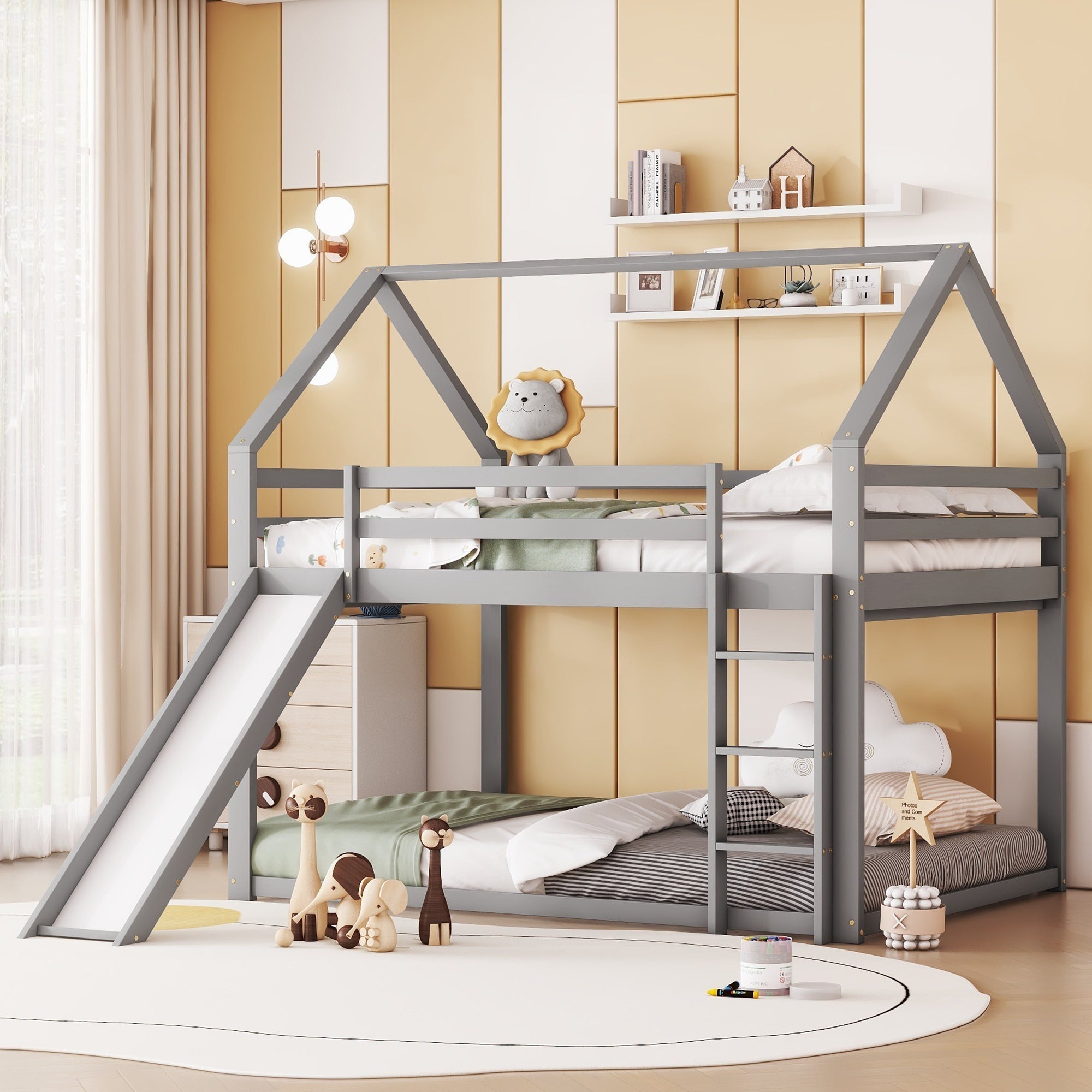 Double Bunk Bed, House Bed with Slide & Ladder, Grey 140x200cm