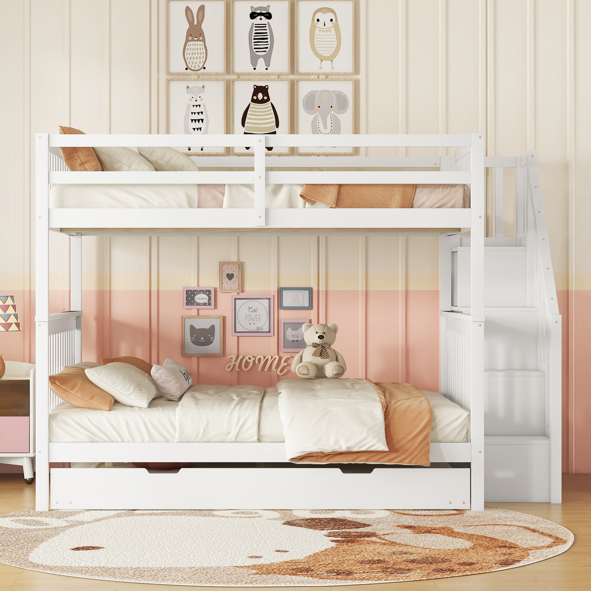 Bunk Bed 140x200cm with Stair Shelf, Trundle Bed, High Railings, EN747-1, White