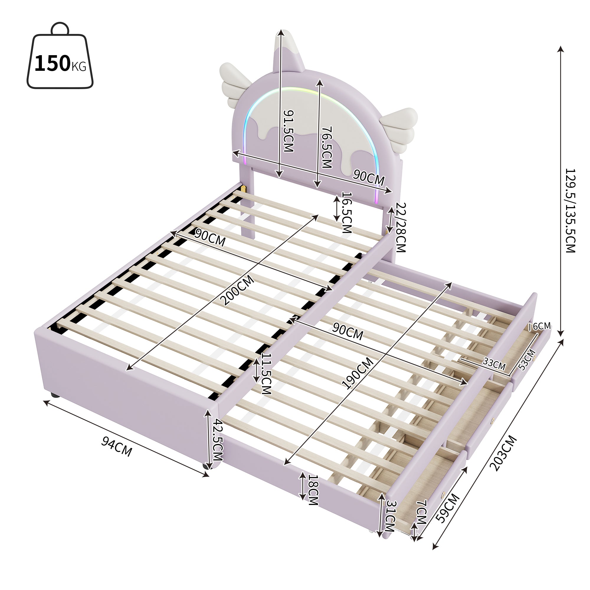 Unicorn Children's Bed, 90x200cm Extendable Rollaway Bed, Violet PU Material