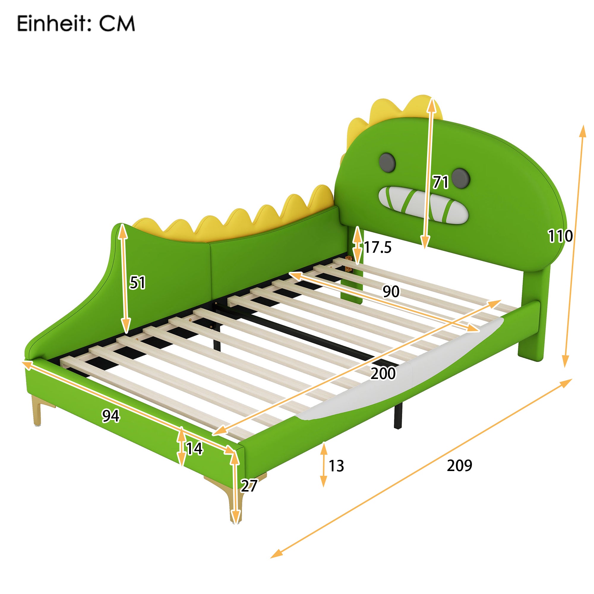 Children's Bed 90x200cm Cartoon Dinosaur Shape Flat Bed, Green PU Material