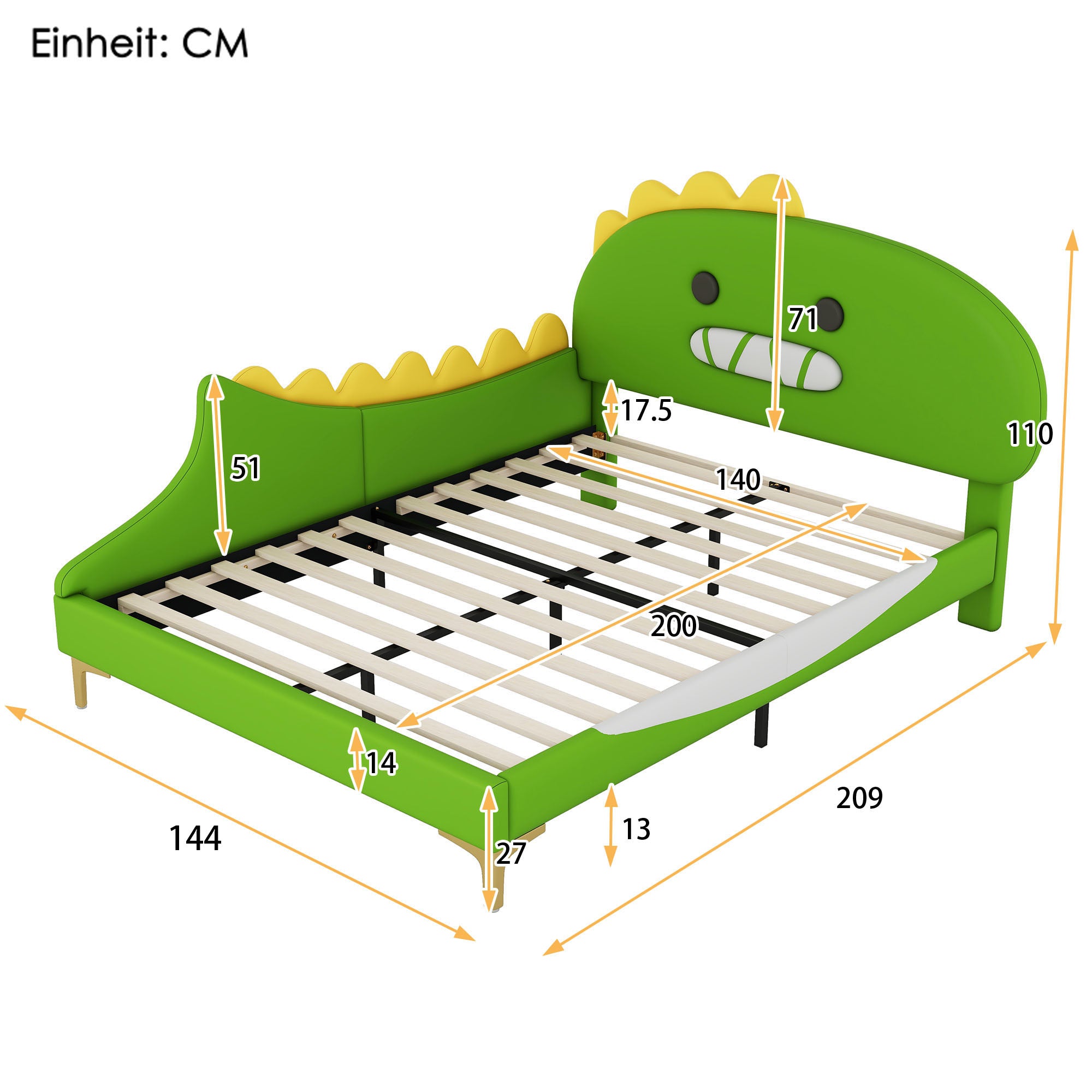 Children's Bed, 140x200cm Cartoon Dinosaur Flat Bed, Green PU Material