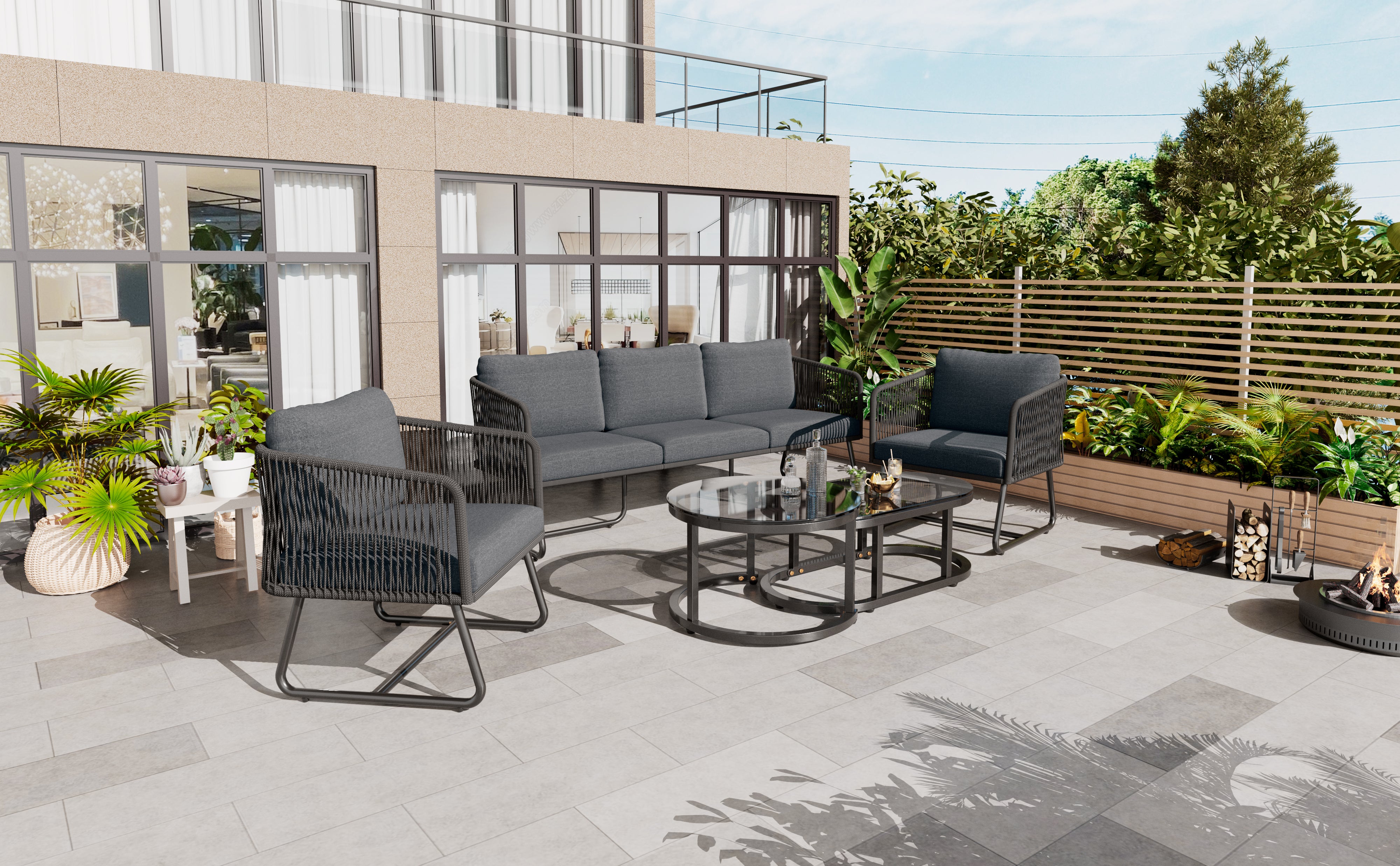 Garden Lounge Set 5-Piece Rope Furniture Glass Top Galvanized Frame, Grey Rope & Iron