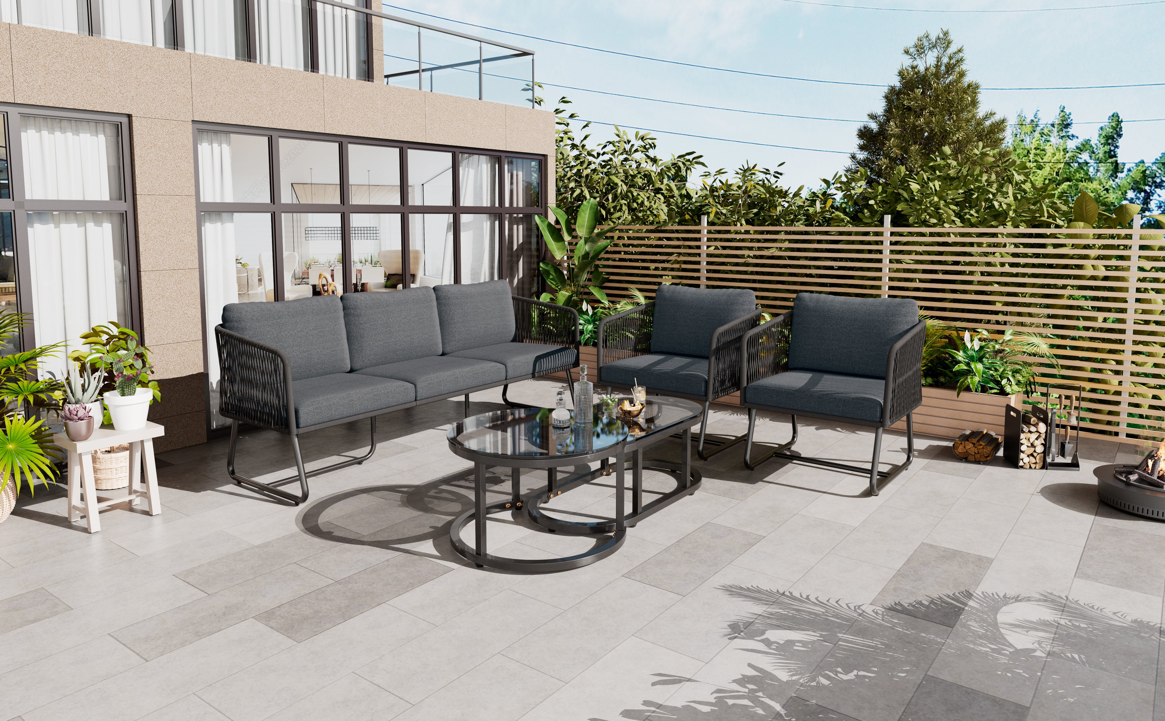 Garden Lounge Set 5-Piece Rope Furniture Glass Top Galvanized Frame, Grey Rope & Iron