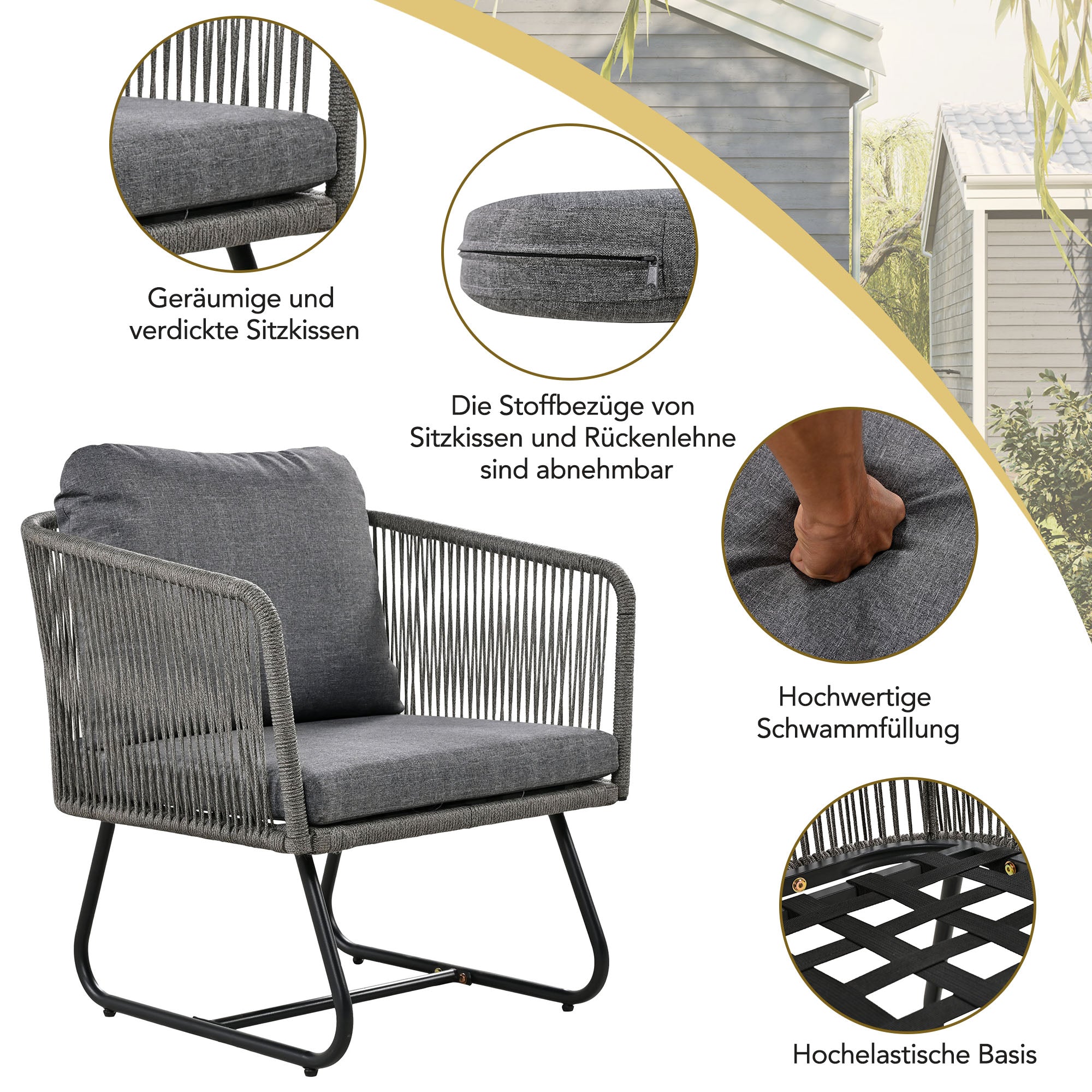 Garden Lounge Set 5-Piece Rope Furniture Glass Top Galvanized Frame, Grey Rope & Iron