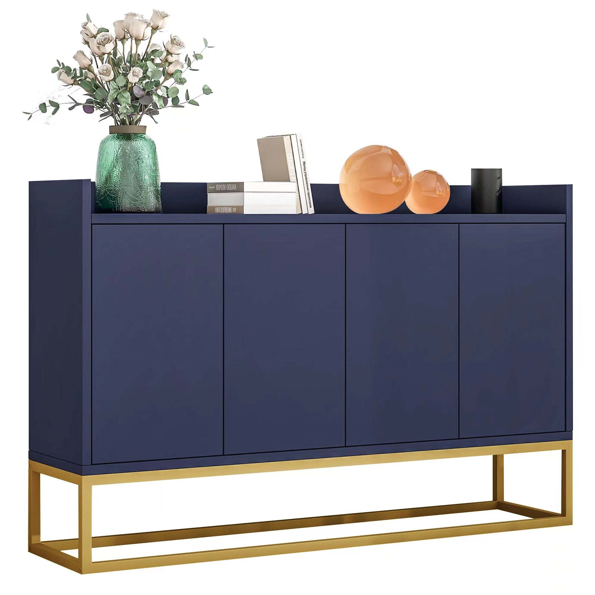 Sideboard, Modern Minimalist 4-Door Handleless Buffet, Navy Blue