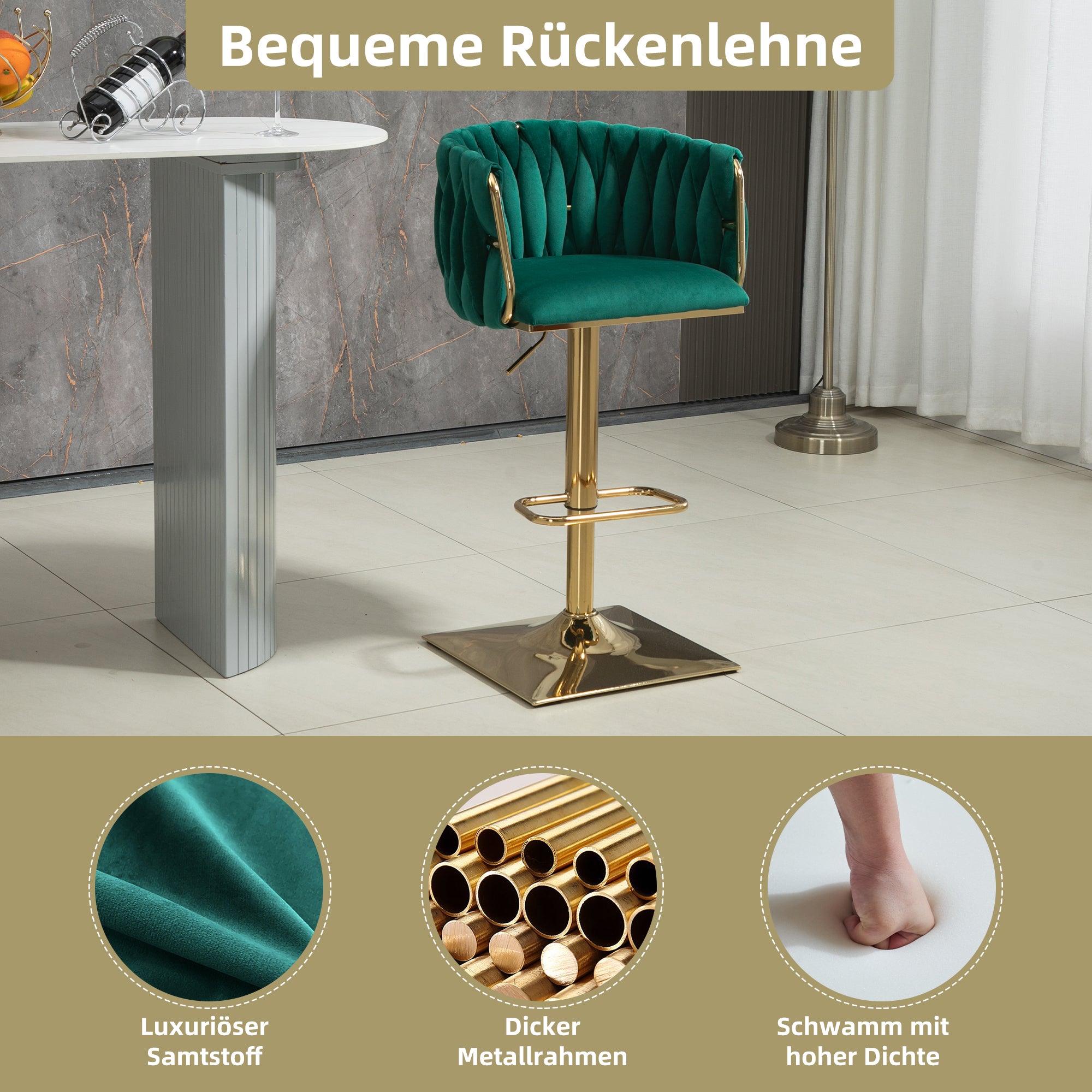 Velvet Bar Stools, Adjustable Swivel with Footrest, Emerald (Set of 2)