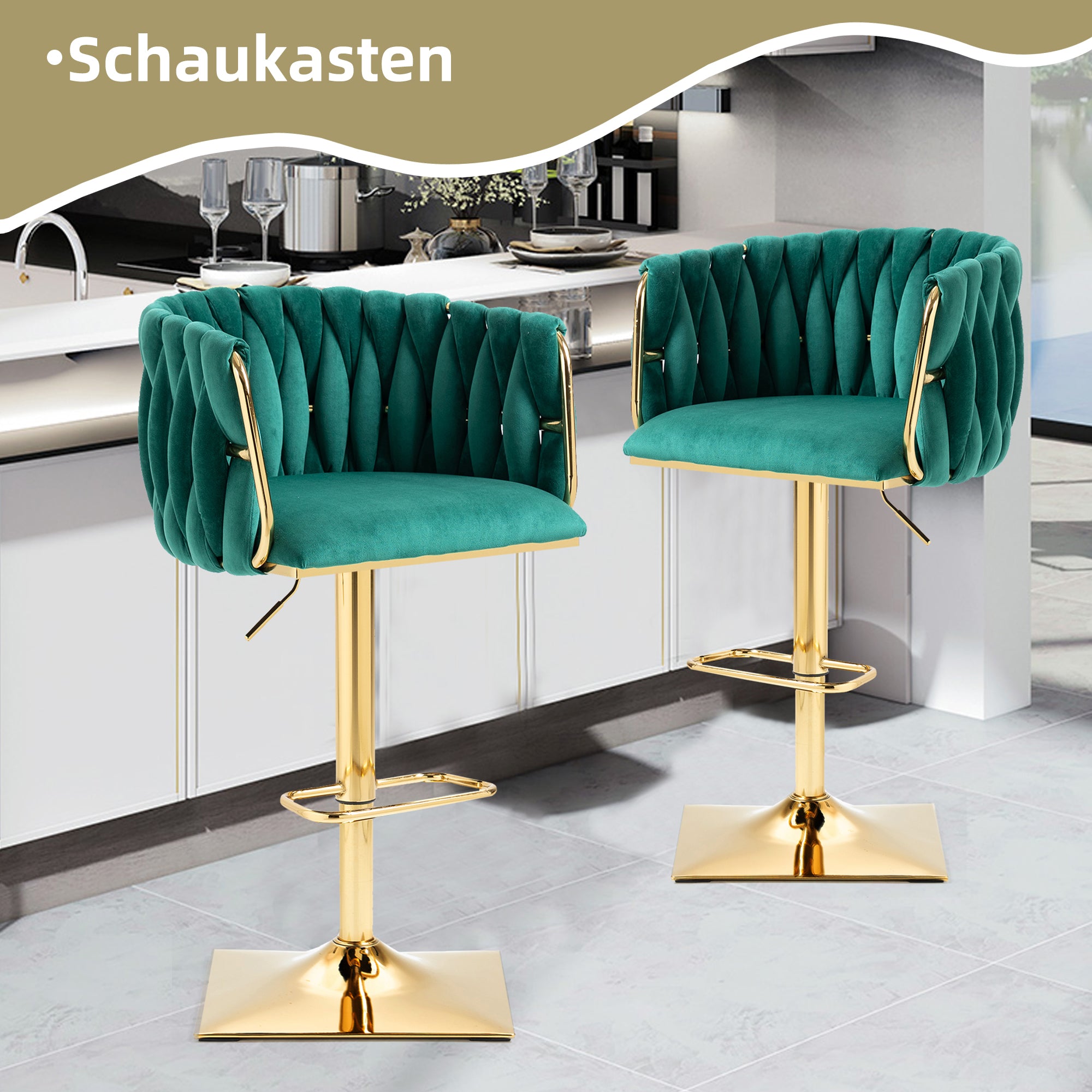 Velvet Bar Stools, Adjustable Swivel with Footrest, Emerald (Set of 2)
