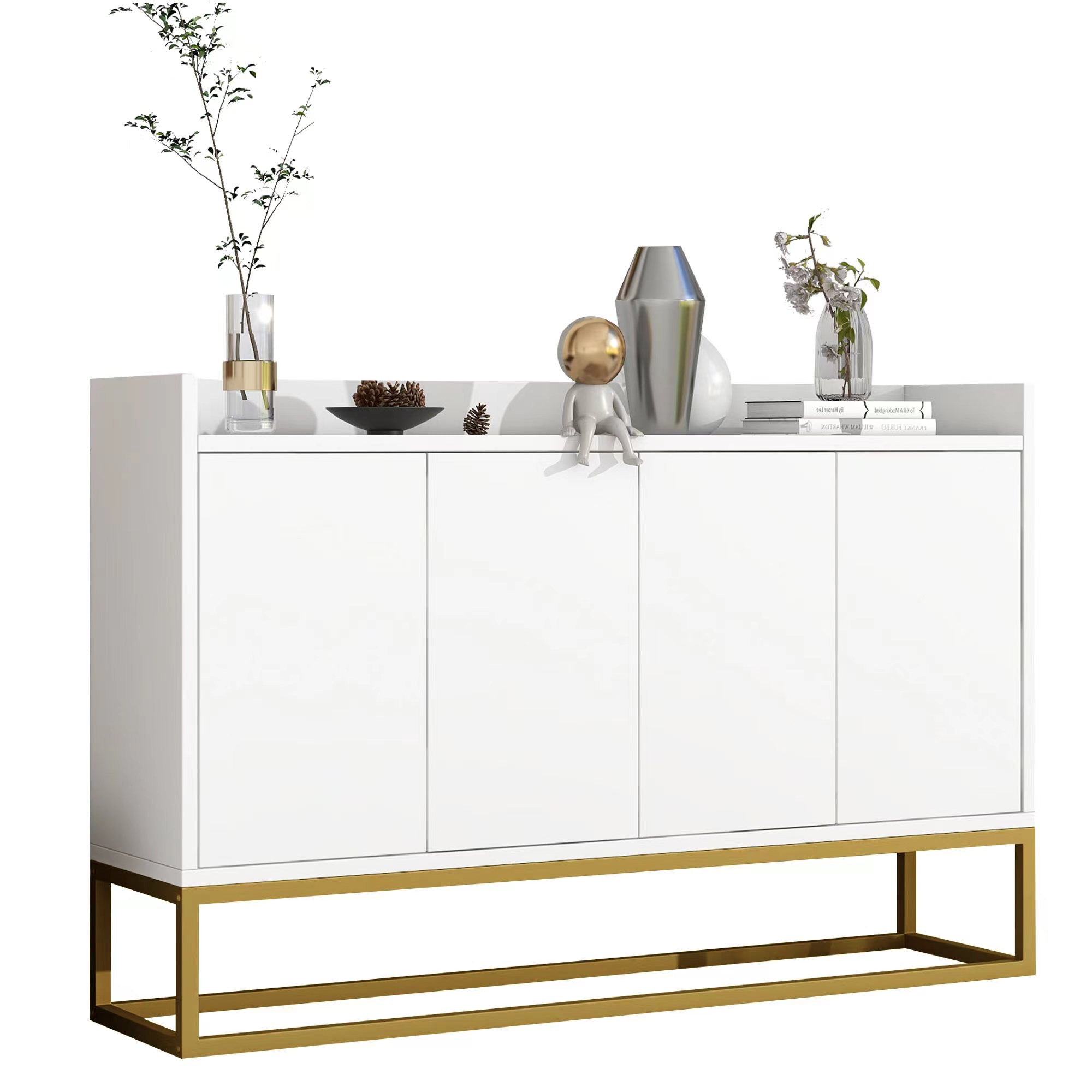 Sideboard, Minimalist 4-Door Handleless Buffet Cabinet, White