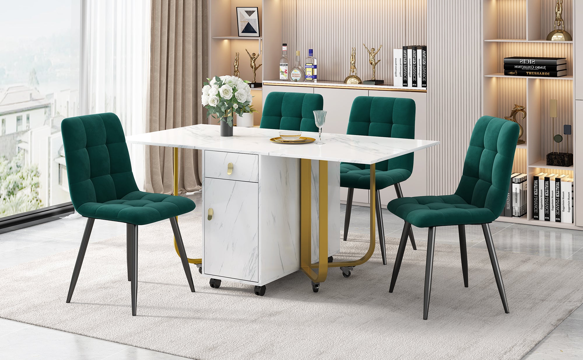 Dining Set, Folding 150cm Table & 4 Velvet Chairs, White MDF/Black Legs