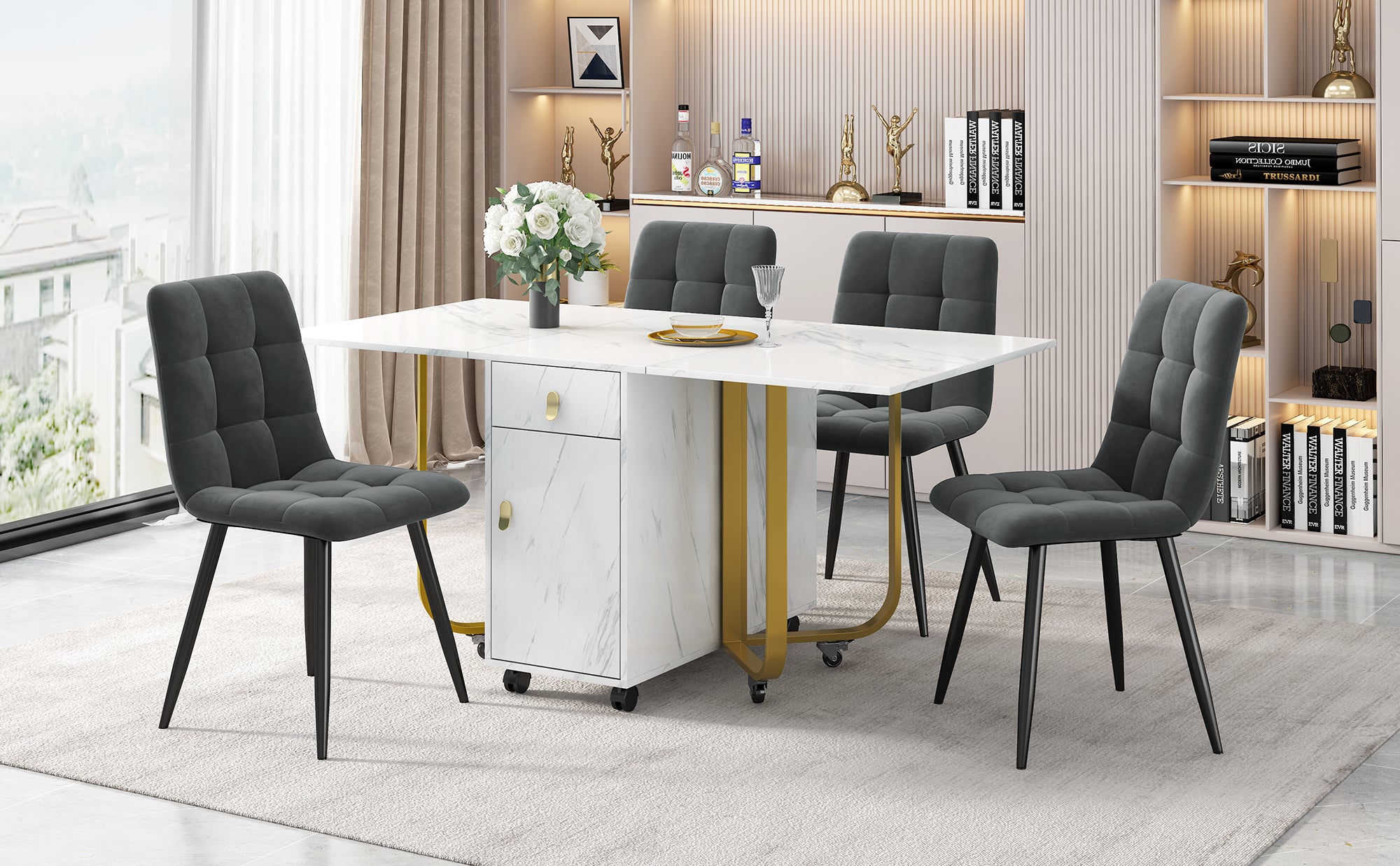 Dining Set, 150x80x76cm Folding Table, 4 Velvet Chairs, White MDF & Black Legs
