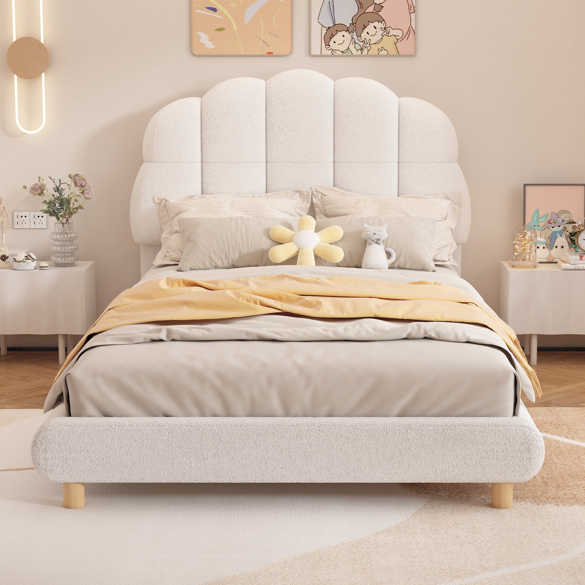 Children's Flat Bed 90x200cm Plush Cute Headboard - White