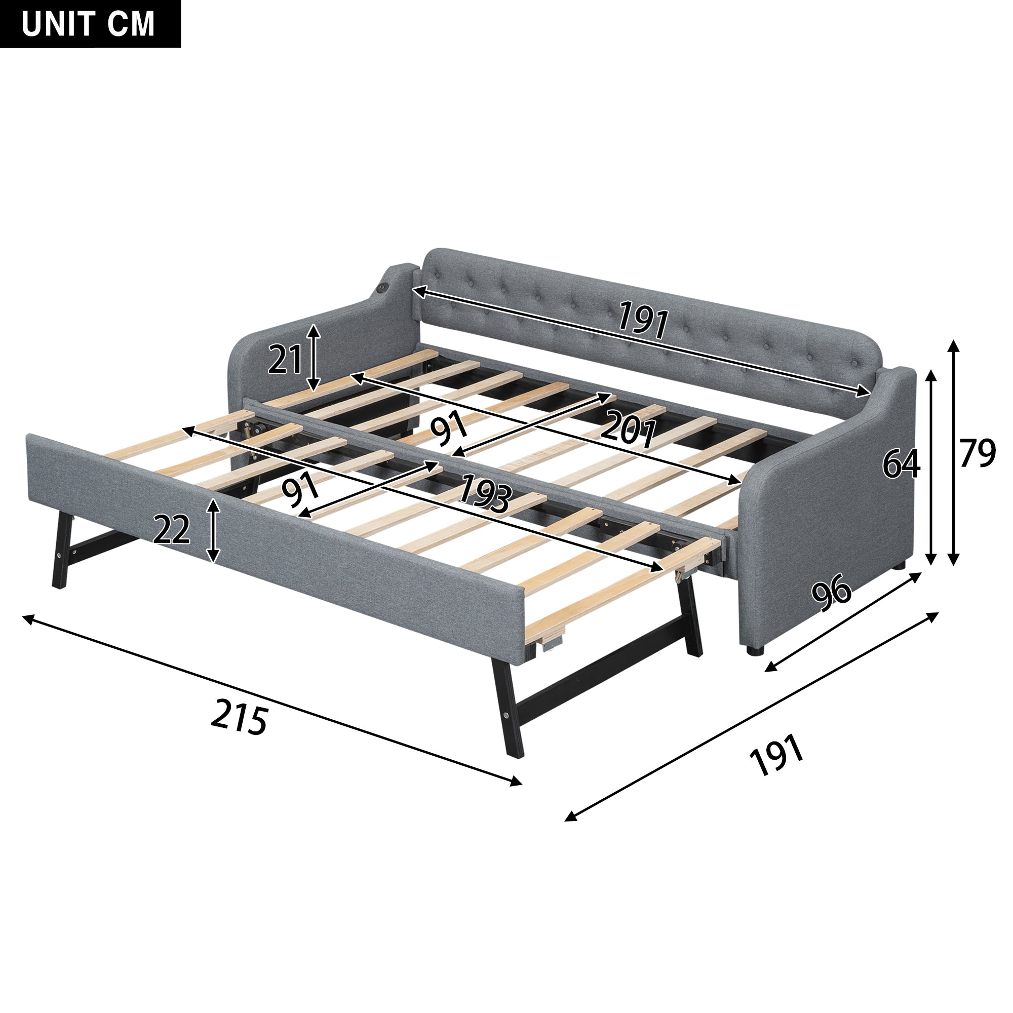 Daybed Sofa Bed 90x200cm Pull-out Rollaway USB Port - Grey
