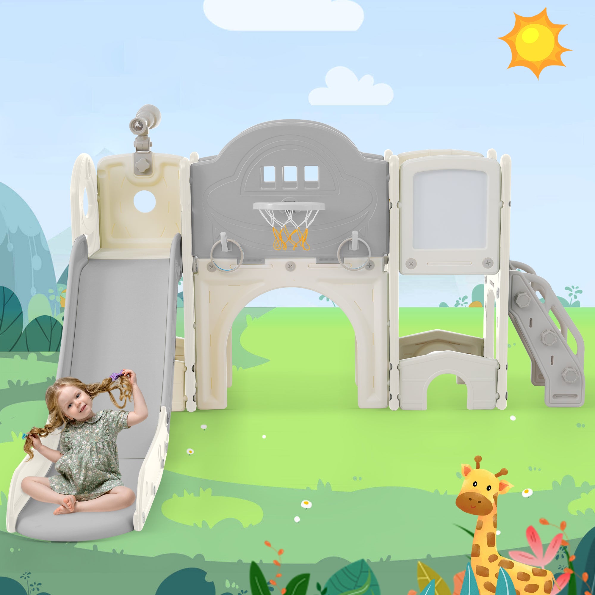 Kids Slide Climbing Toy, 10-in-1 Multifunctional Freestanding Slide with Climbing, Basketball Hoop, Golf Game