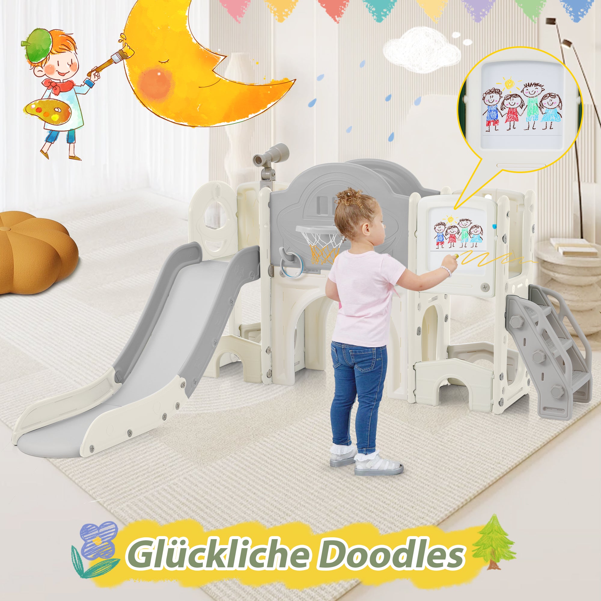 Kids Slide Climbing Toy, 10-in-1 Multifunctional Freestanding Slide with Climbing, Basketball Hoop, Golf Game