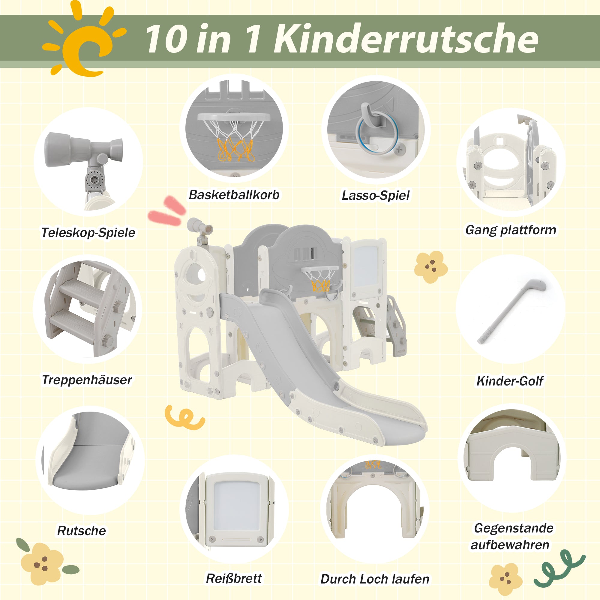 Kids Slide Climbing Toy, 10-in-1 Multifunctional Freestanding Slide with Climbing, Basketball Hoop, Golf Game