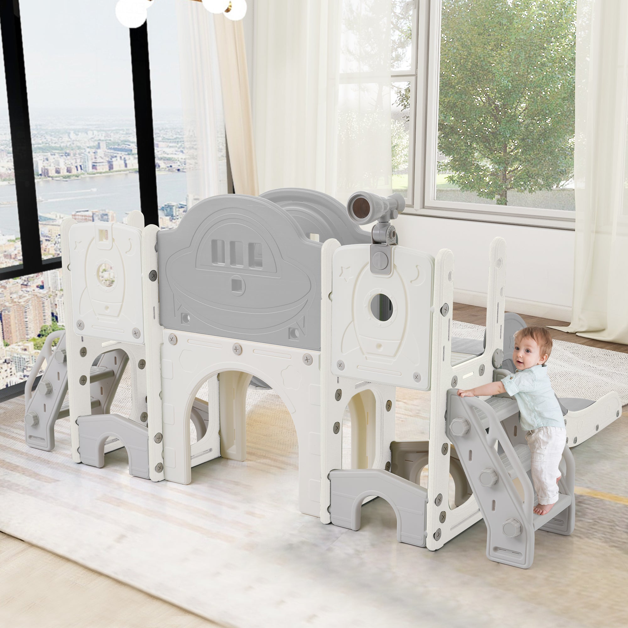 Kids Slide Climbing Toy, 10-in-1 Multifunctional Freestanding Slide with Climbing, Basketball Hoop, Golf Game