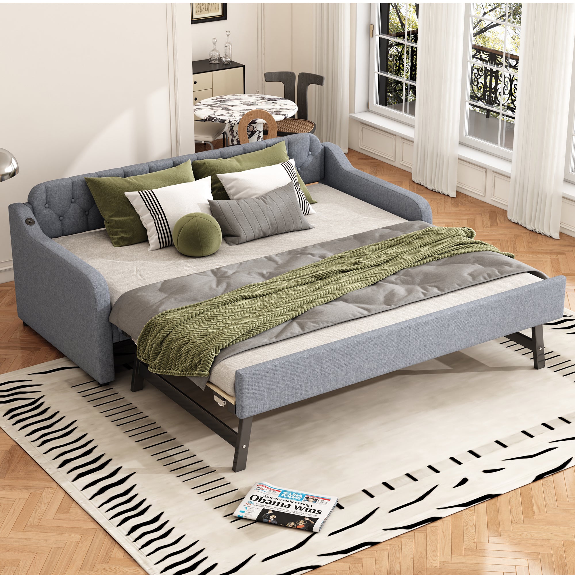 Daybed Sofa Bed 90x200cm Pull-out Rollaway USB Port - Grey