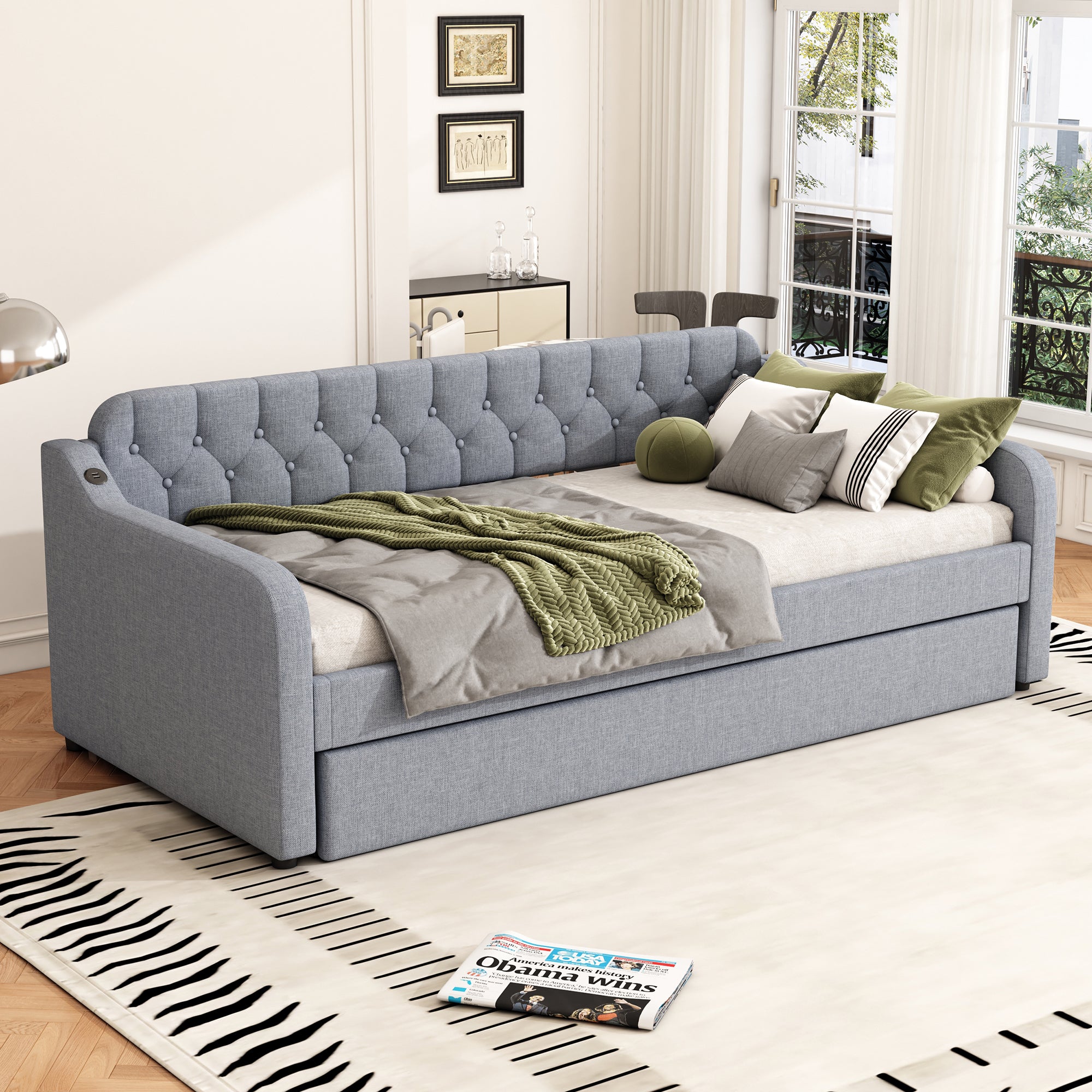 Daybed Sofa Bed 90x200cm Pull-out Rollaway USB Port - Grey