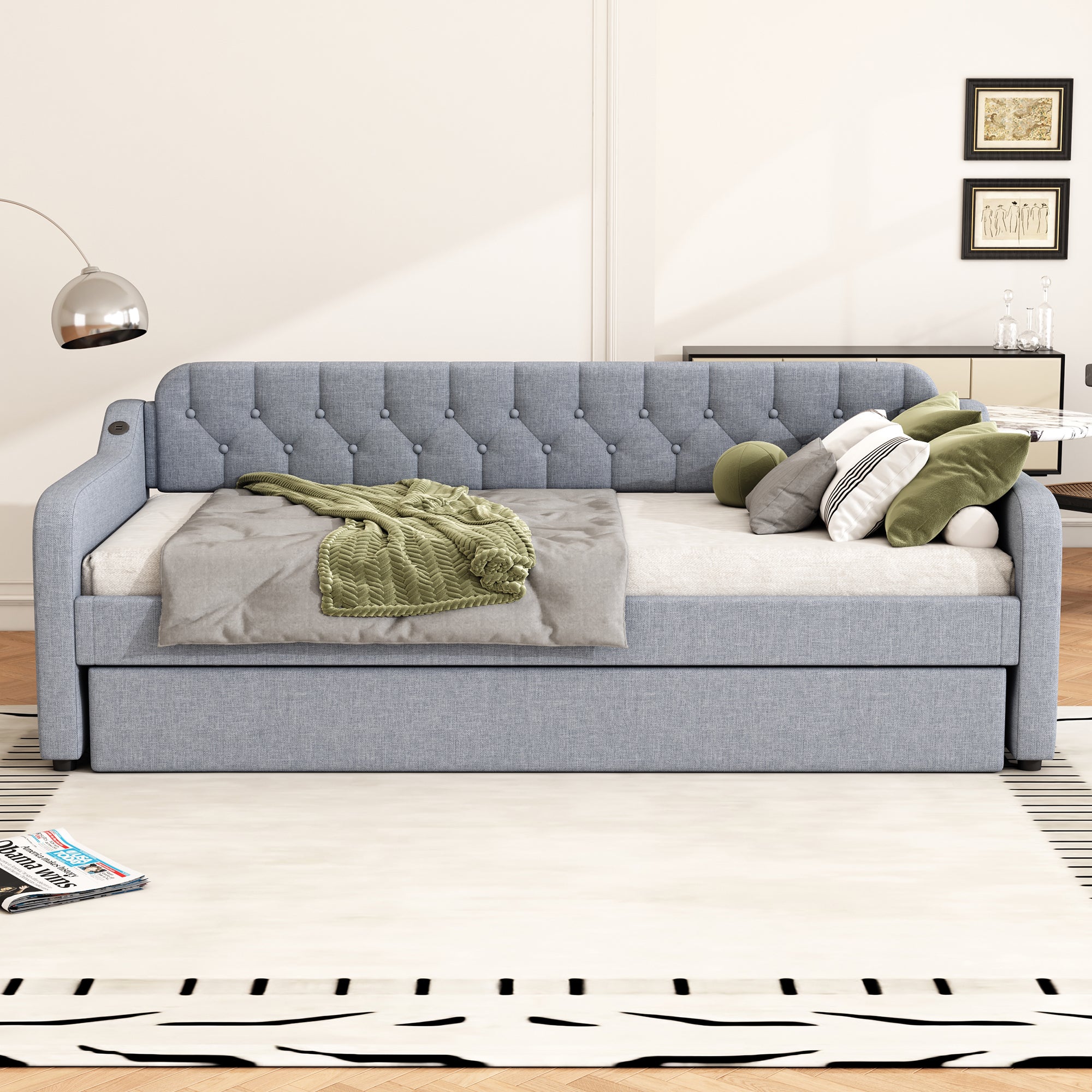 Daybed Sofa Bed 90x200cm Pull-out Rollaway USB Port - Grey
