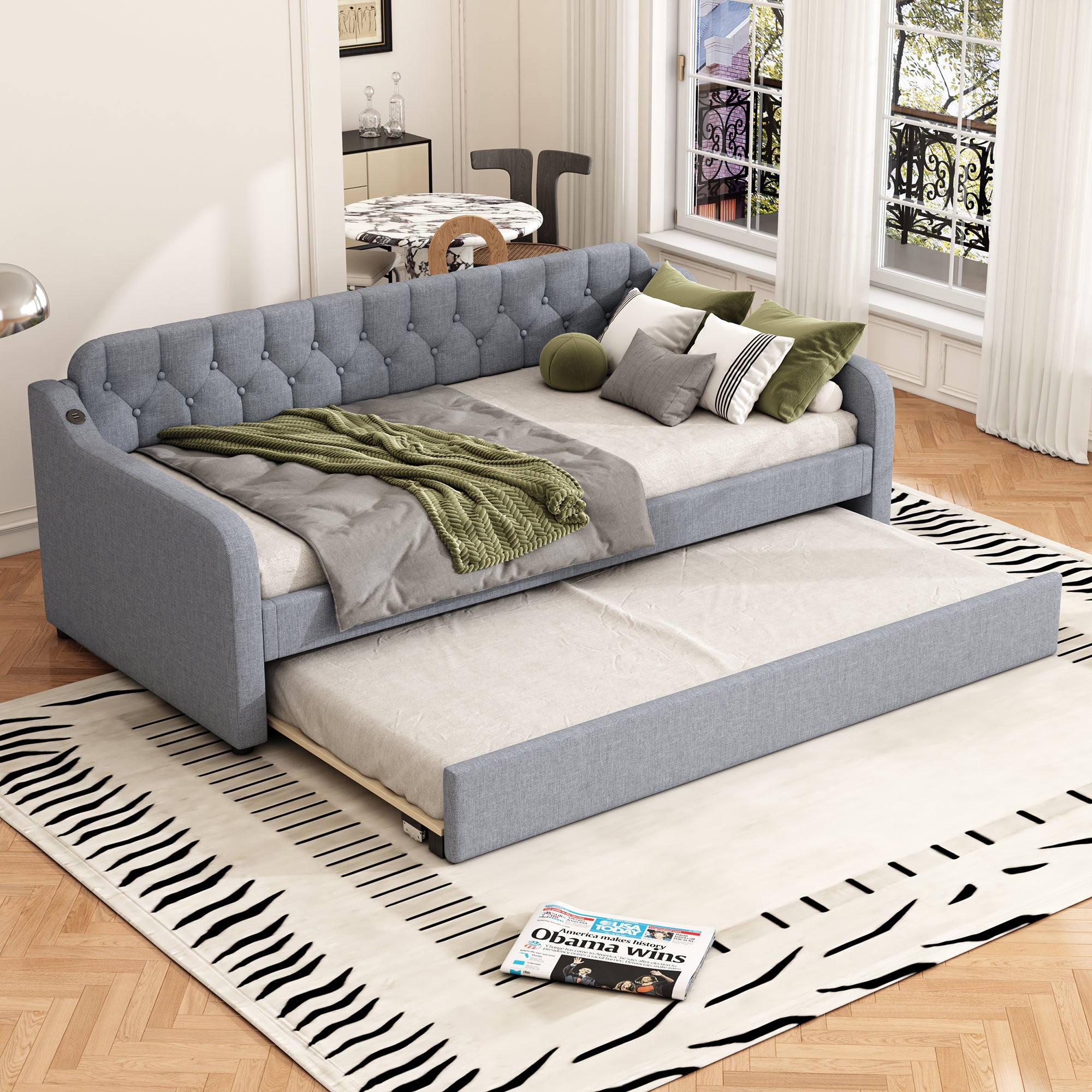 Daybed Sofa Bed 90x200cm Pull-out Rollaway USB Port - Grey