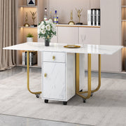 Folding Dining Table with Cupboard & 2 Drawers, Space-Saving Kitchen Utility Table, White/Gold