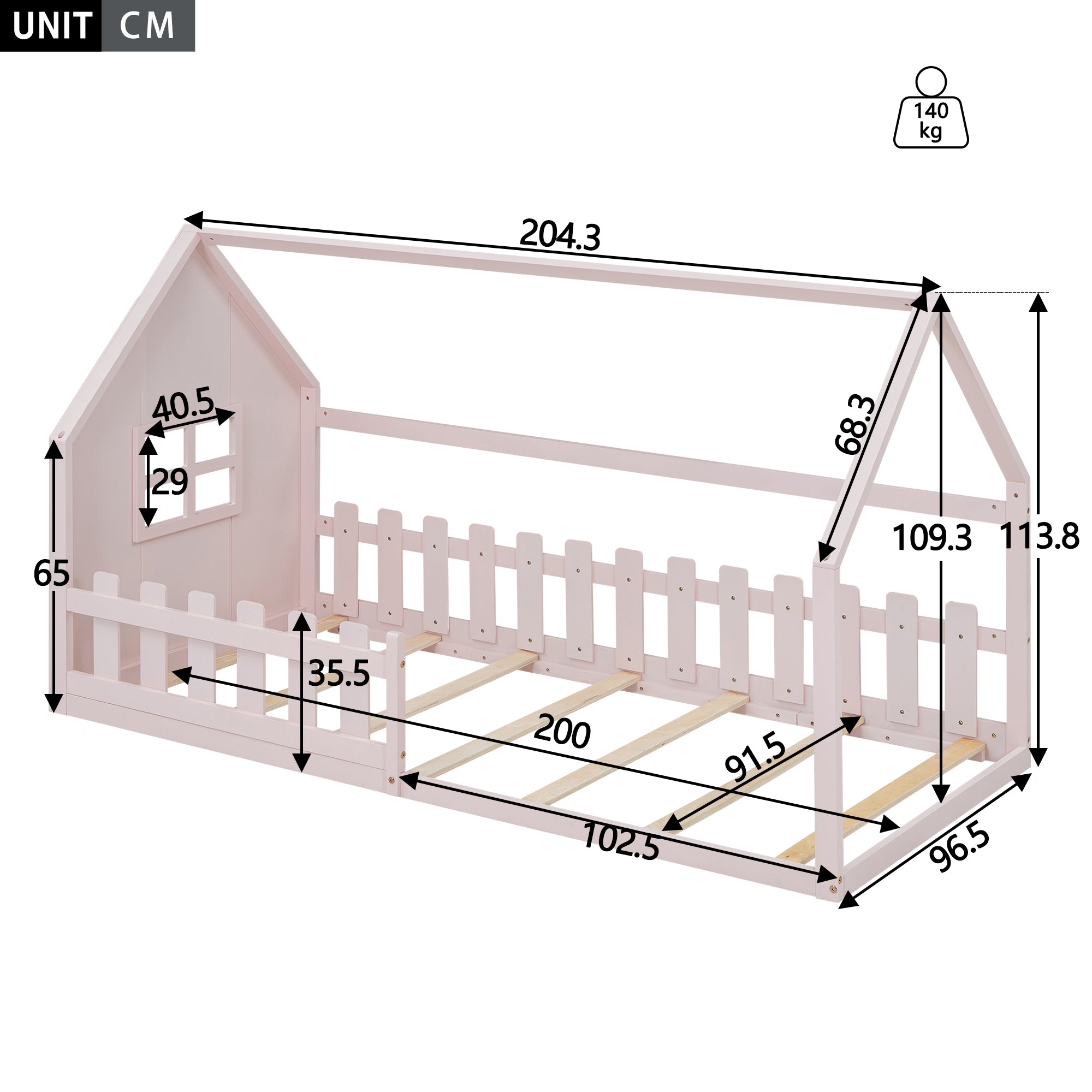Children's Bed 90x200cm Flat Bed House Rail - Pink