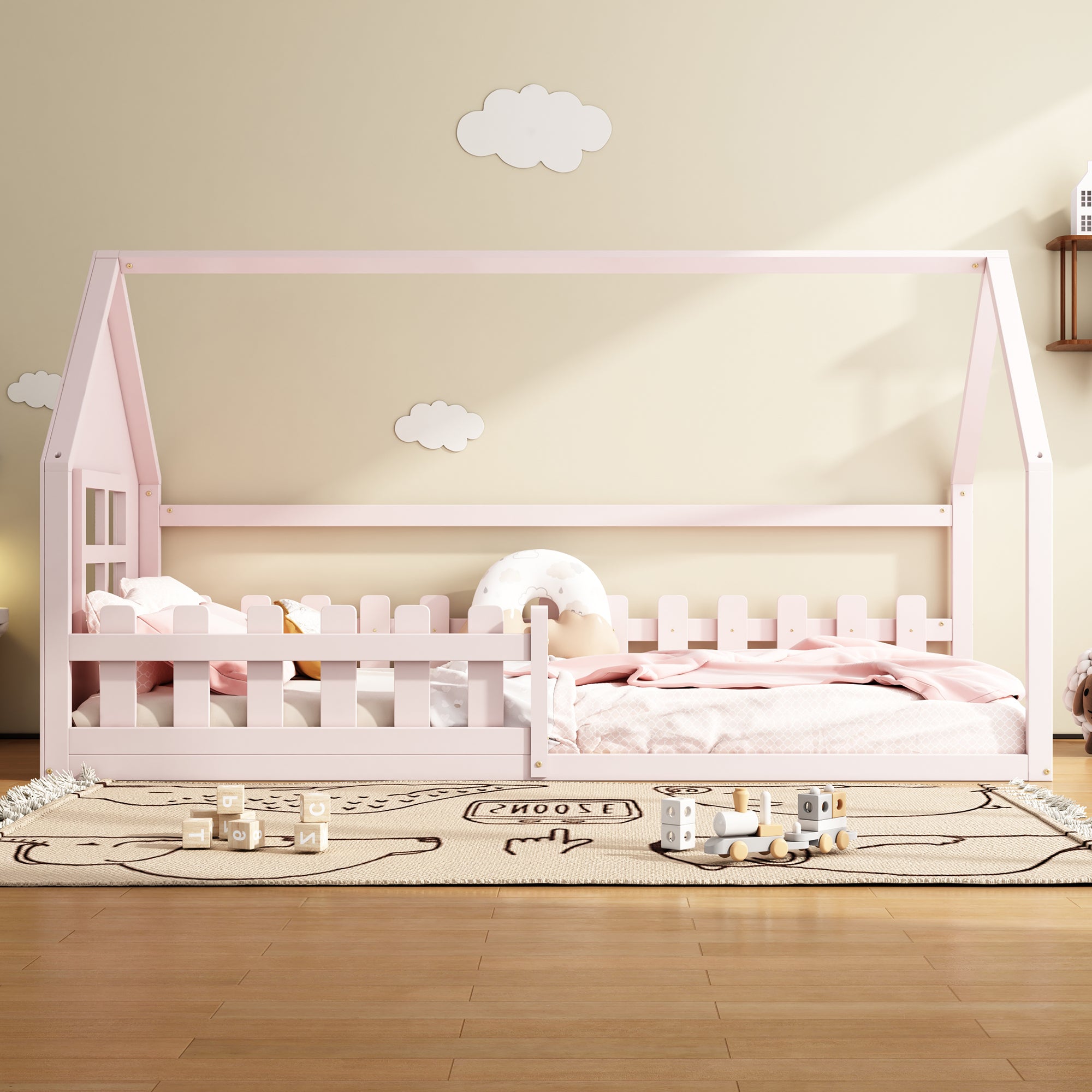 Children's Bed 90x200cm Flat Bed House Rail - Pink