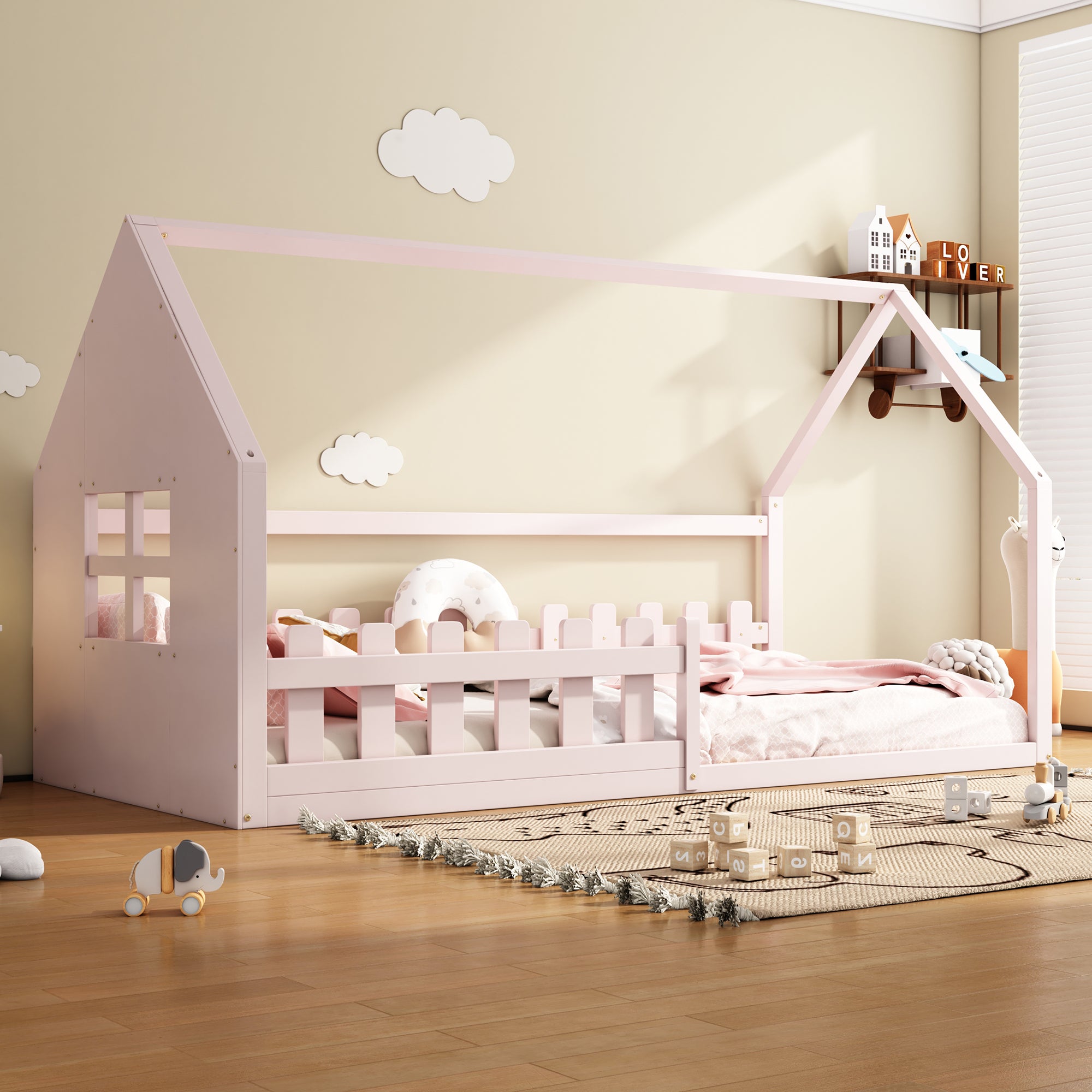 Flat Bed 90x200cm House Rail Children's Bed, Pink