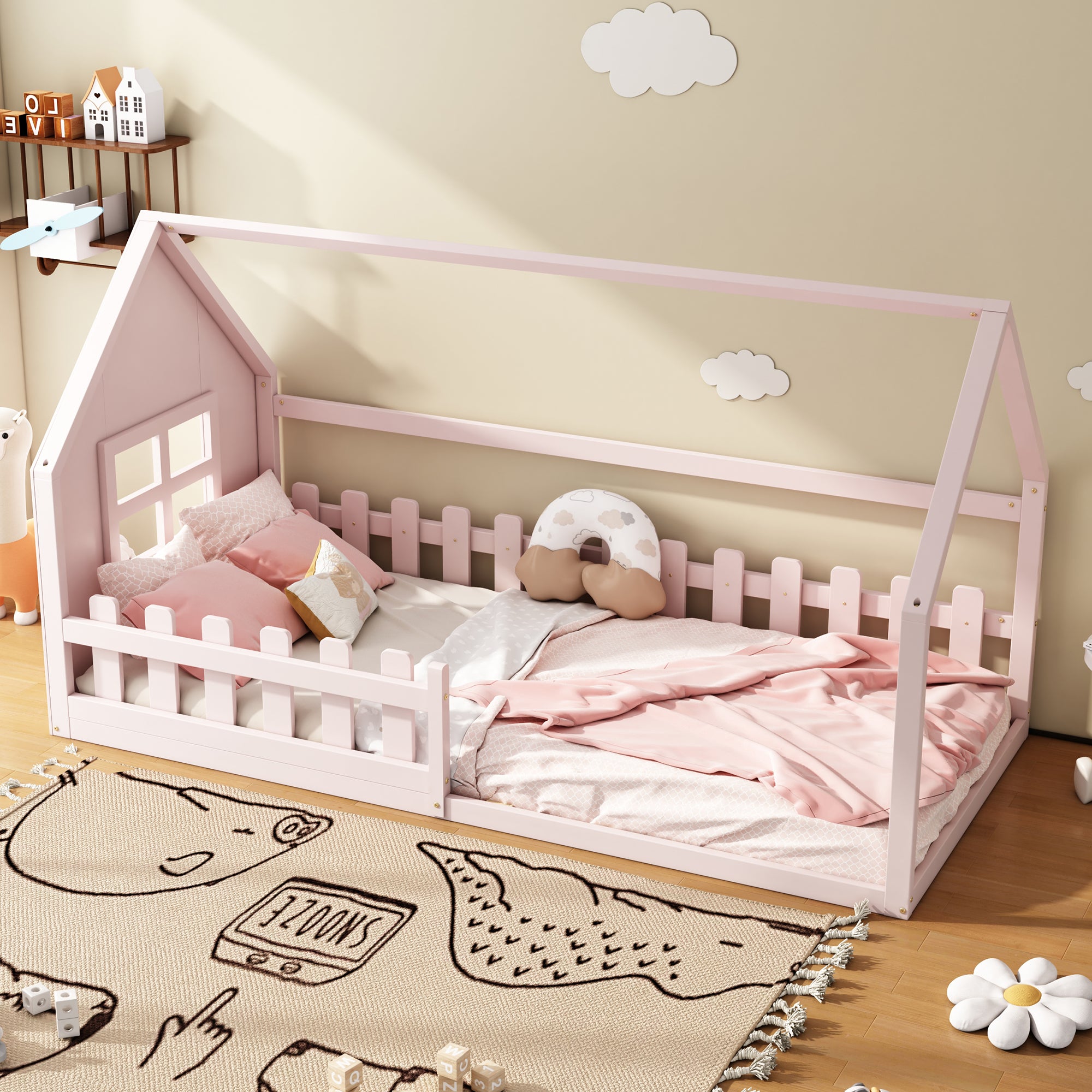 Flat Bed 90x200cm House Rail Children's Bed, Pink