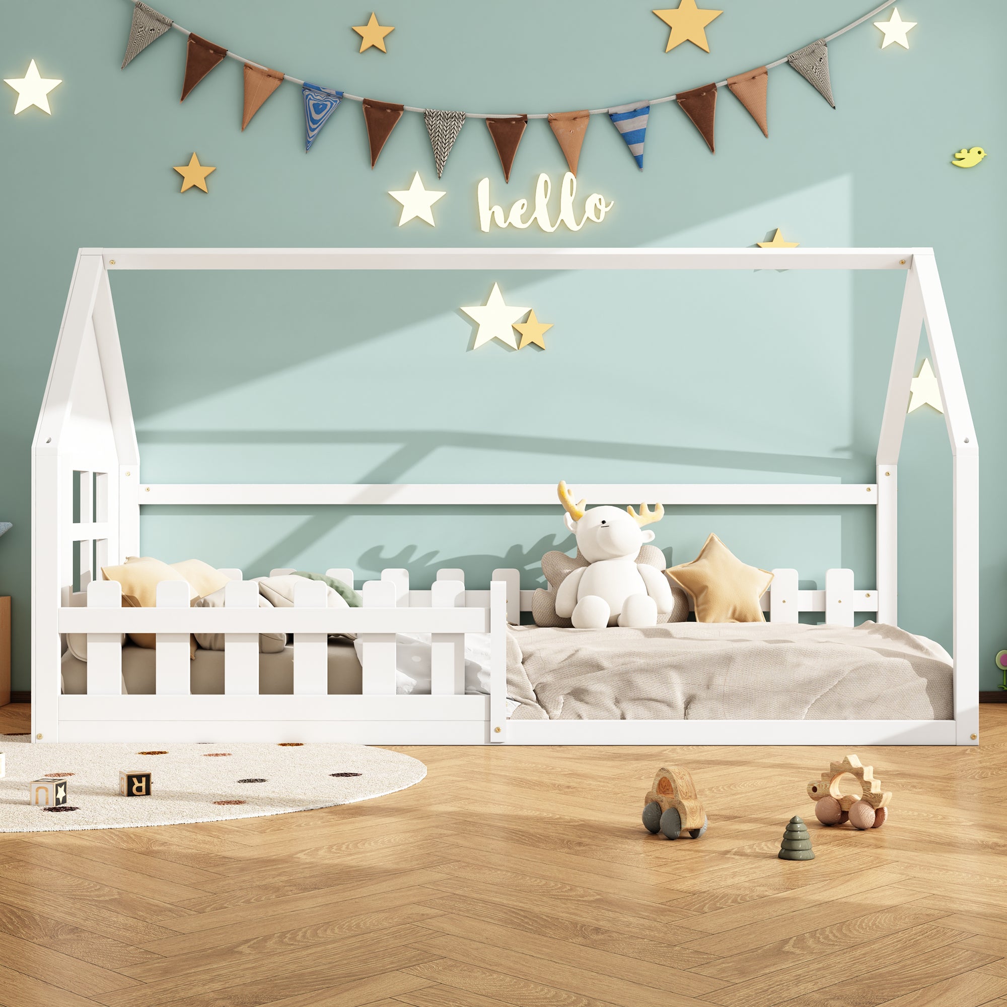 Children's Flat Bed 90x200cm House Rail - White