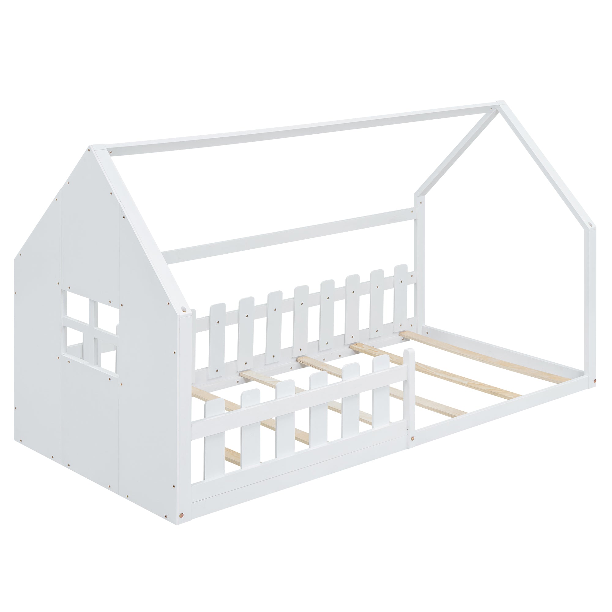 Children's Flat Bed 90x200cm House Rail - White