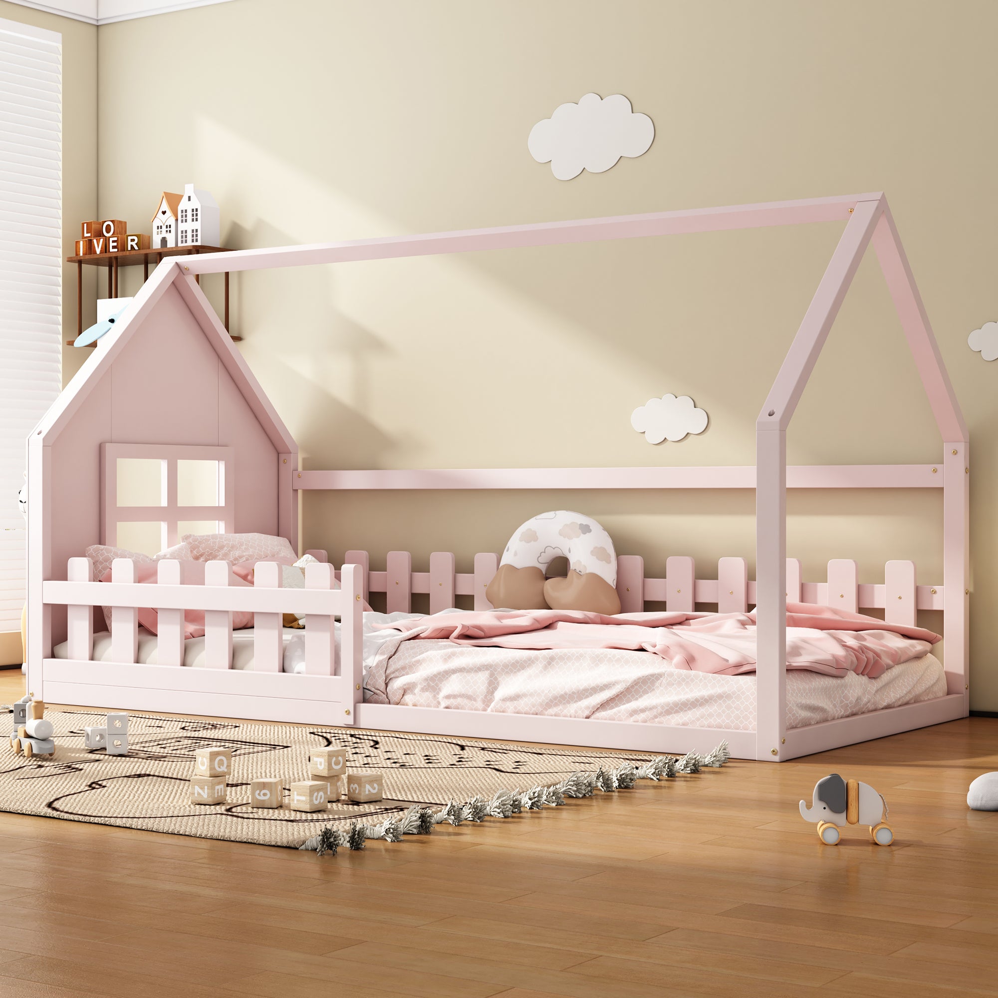 Children's Bed 90x200cm Flat Bed House Rail - Pink