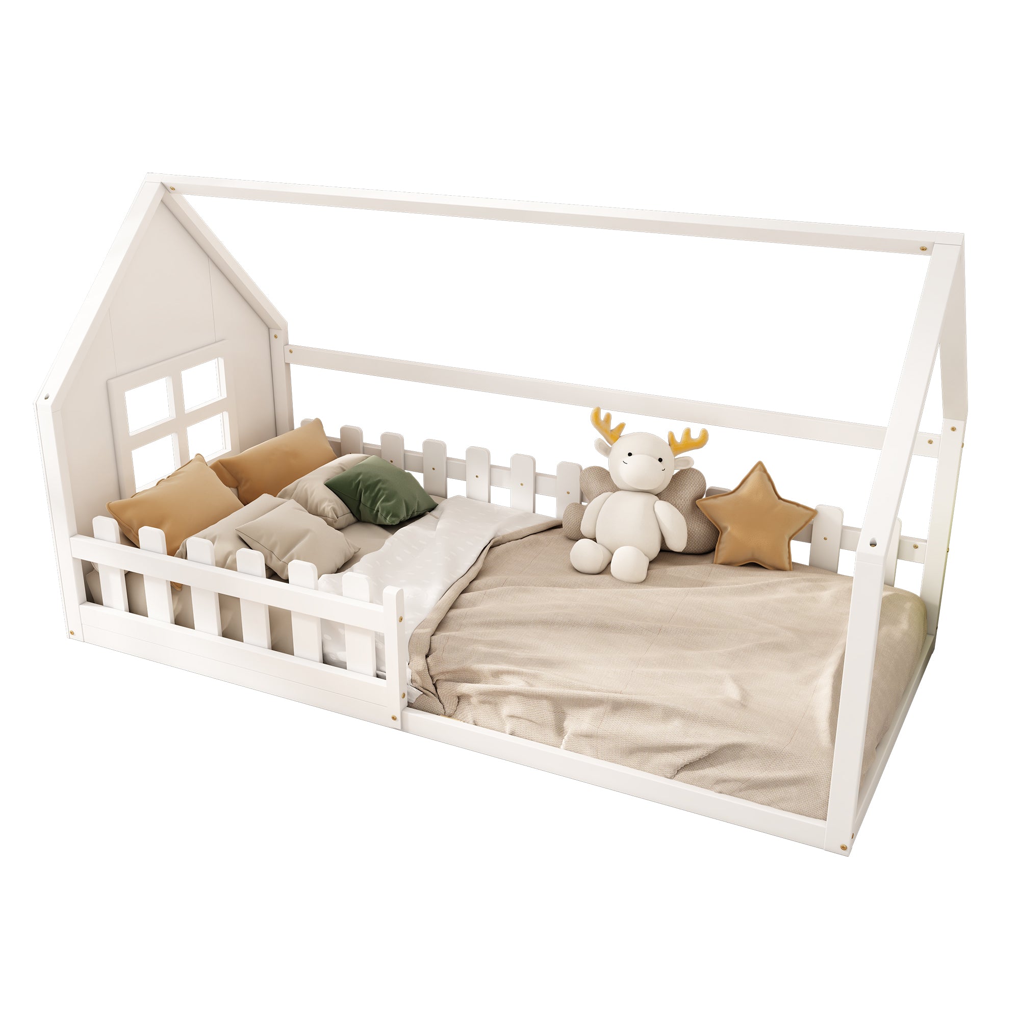 Children's Flat Bed 90x200cm House Rail - White