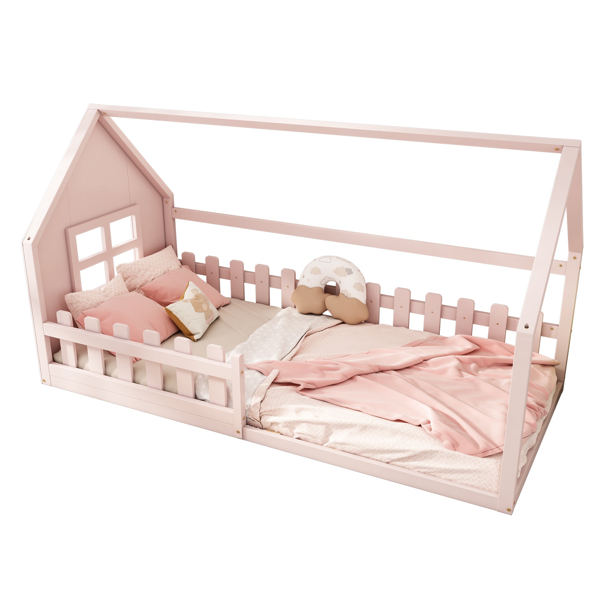 Flat Bed 90x200cm House Rail Children's Bed, Pink