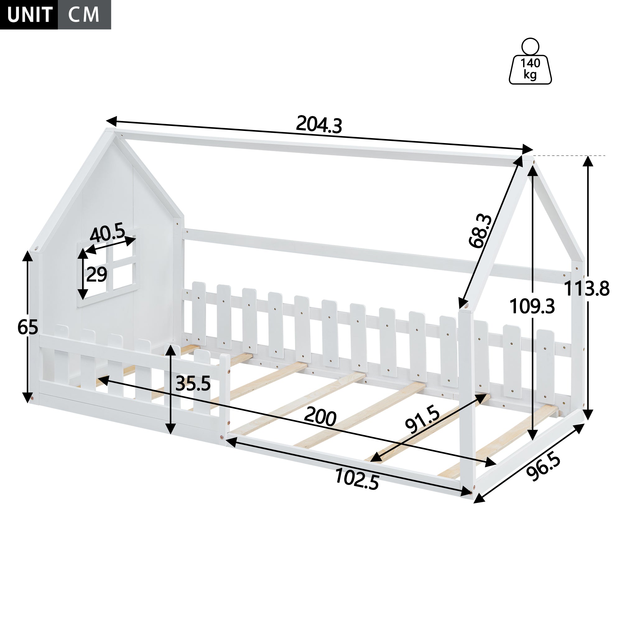 Children's Flat Bed 90x200cm House Rail - White