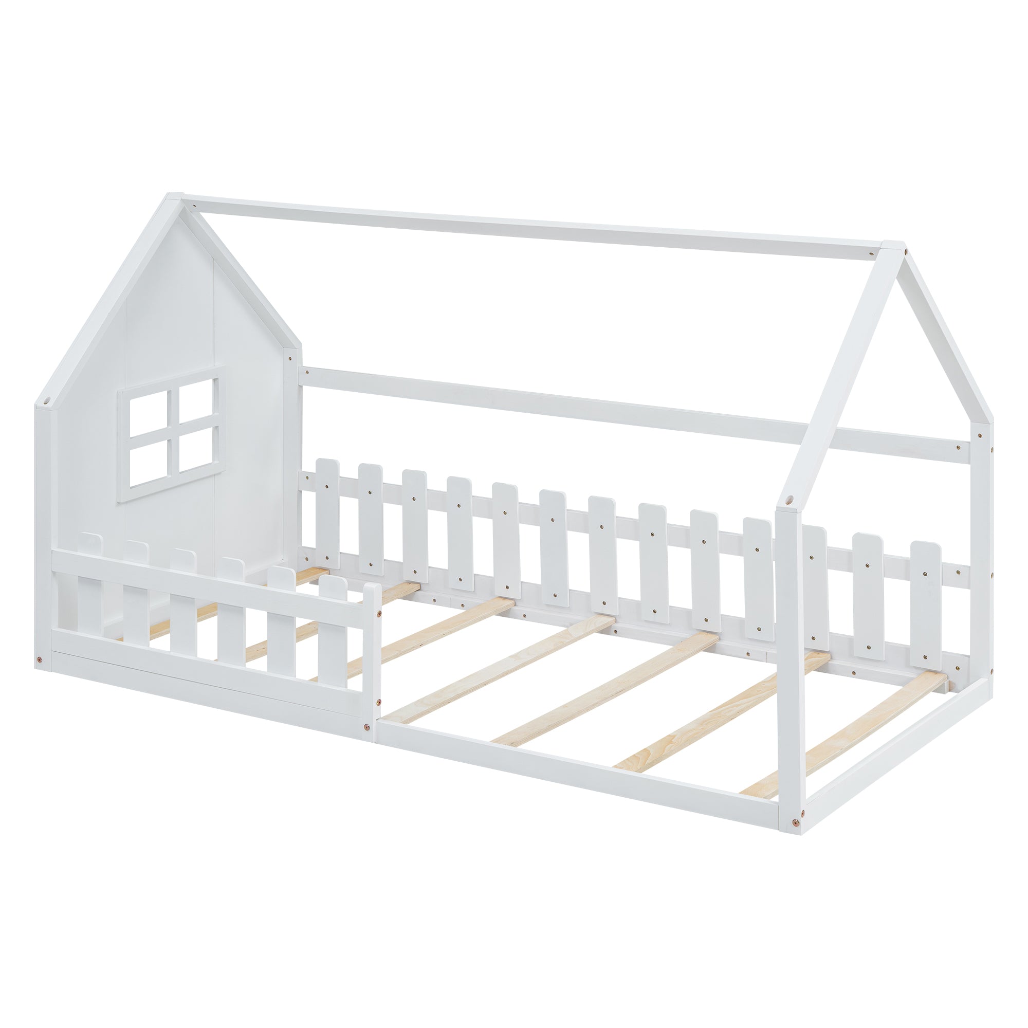 Children's Flat Bed 90x200cm House Rail - White