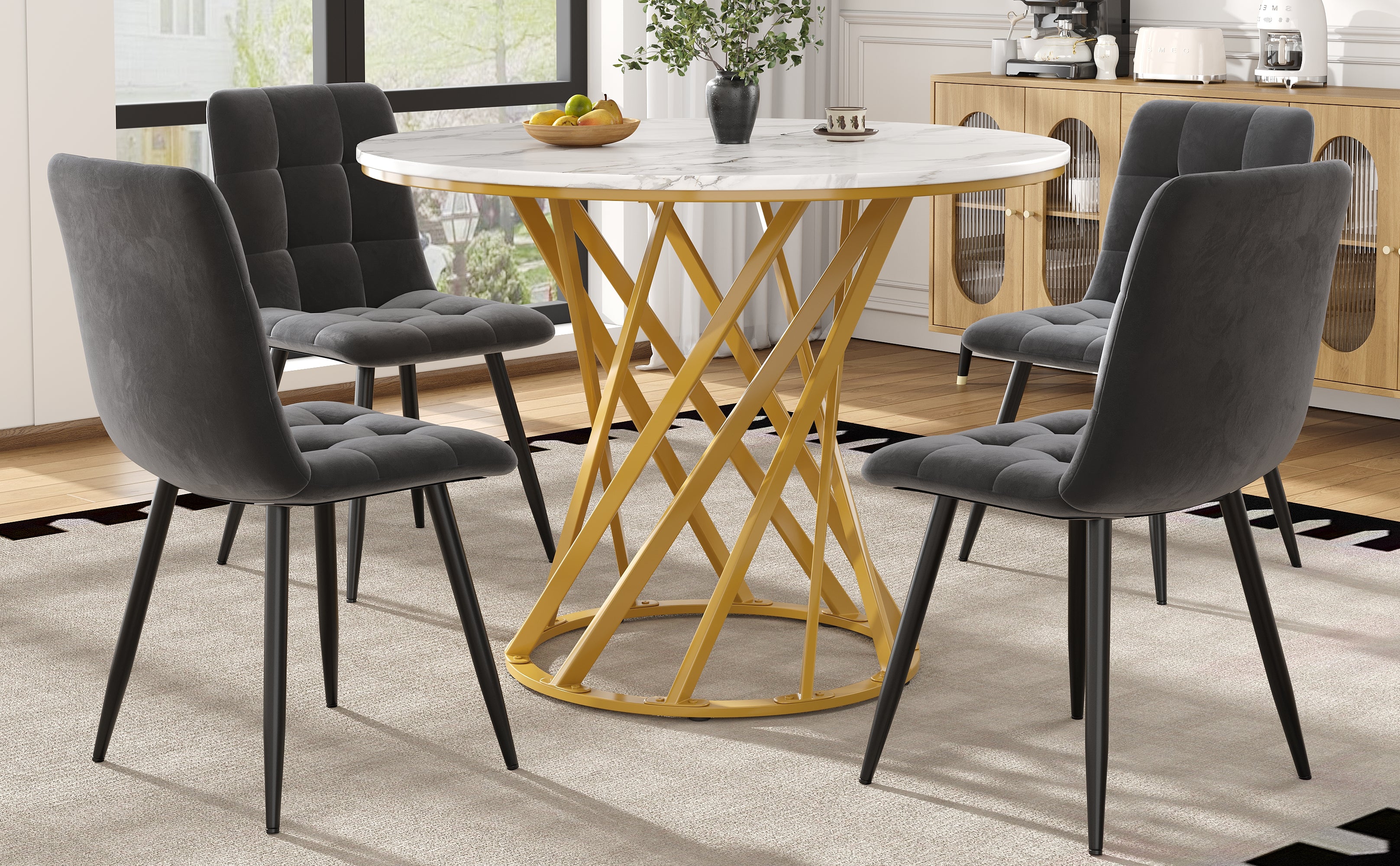 Dining Table Set, 5-Piece Round 80cm with 4 Chairs, White MDF & Dark Grey Velvet