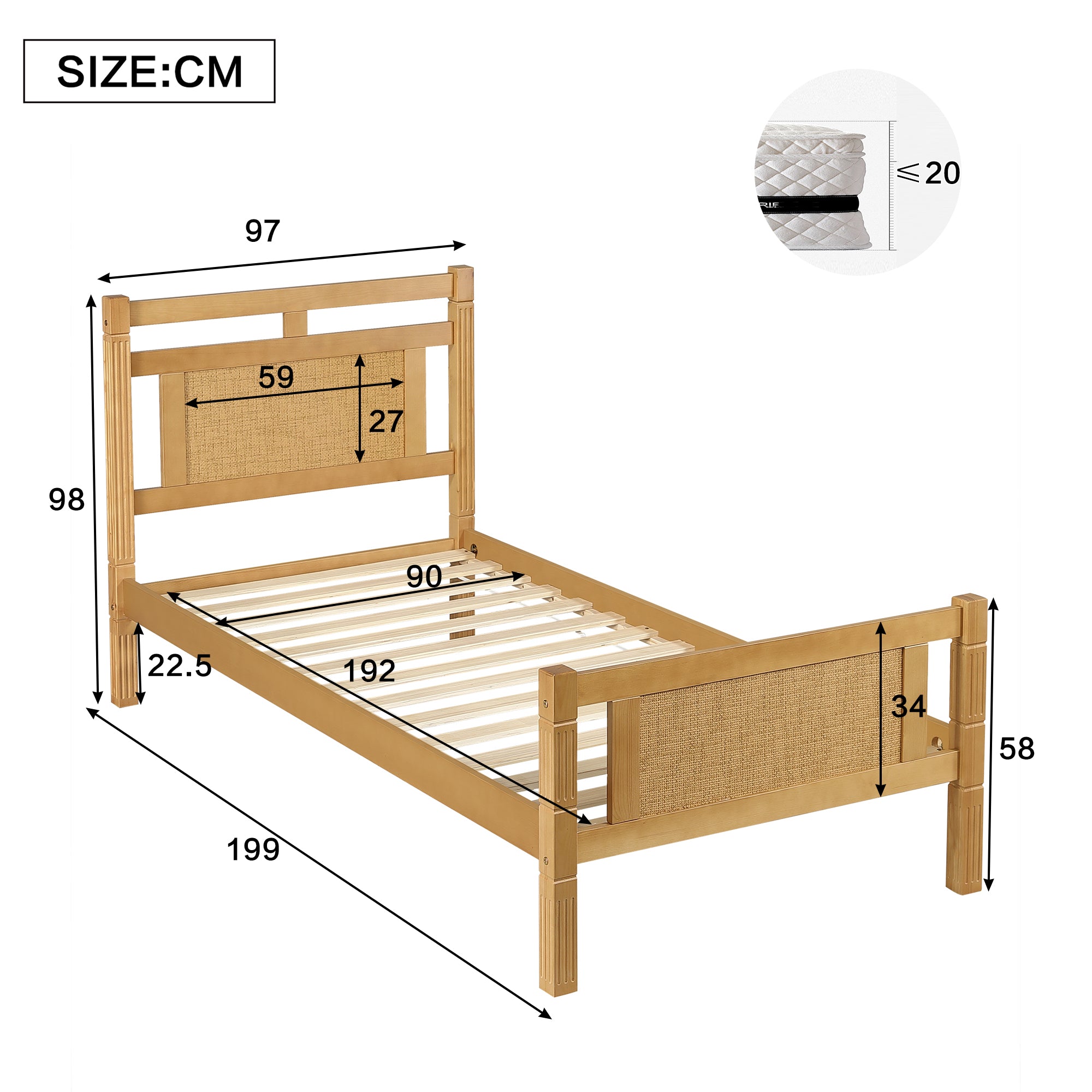 Wooden Bed, Single 90x190cm, Rattan Paper MDF/Pine, Wood Colour
