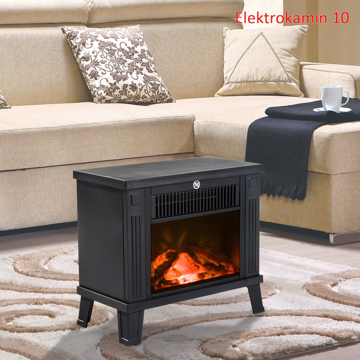 Electric Fireplace Standing, Flame Effect, 600/1200W, Metal Black