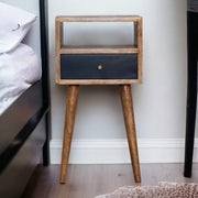 Solid Wood Bedside, Mini 1 Drawer Open Shelf, Navy Blue Hand Painted Light Brown