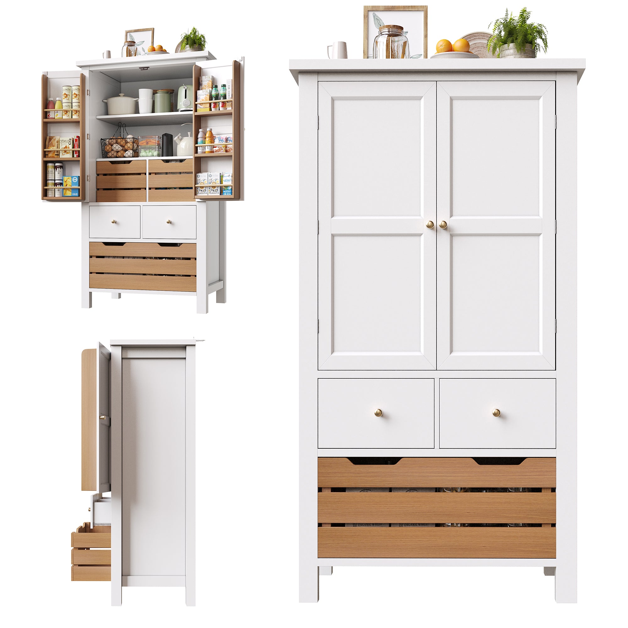 Tall Kitchen Cabinet Buffet 80x140cm Multi-Purpose Storage with 2 Doors & 5 Drawers Black/White