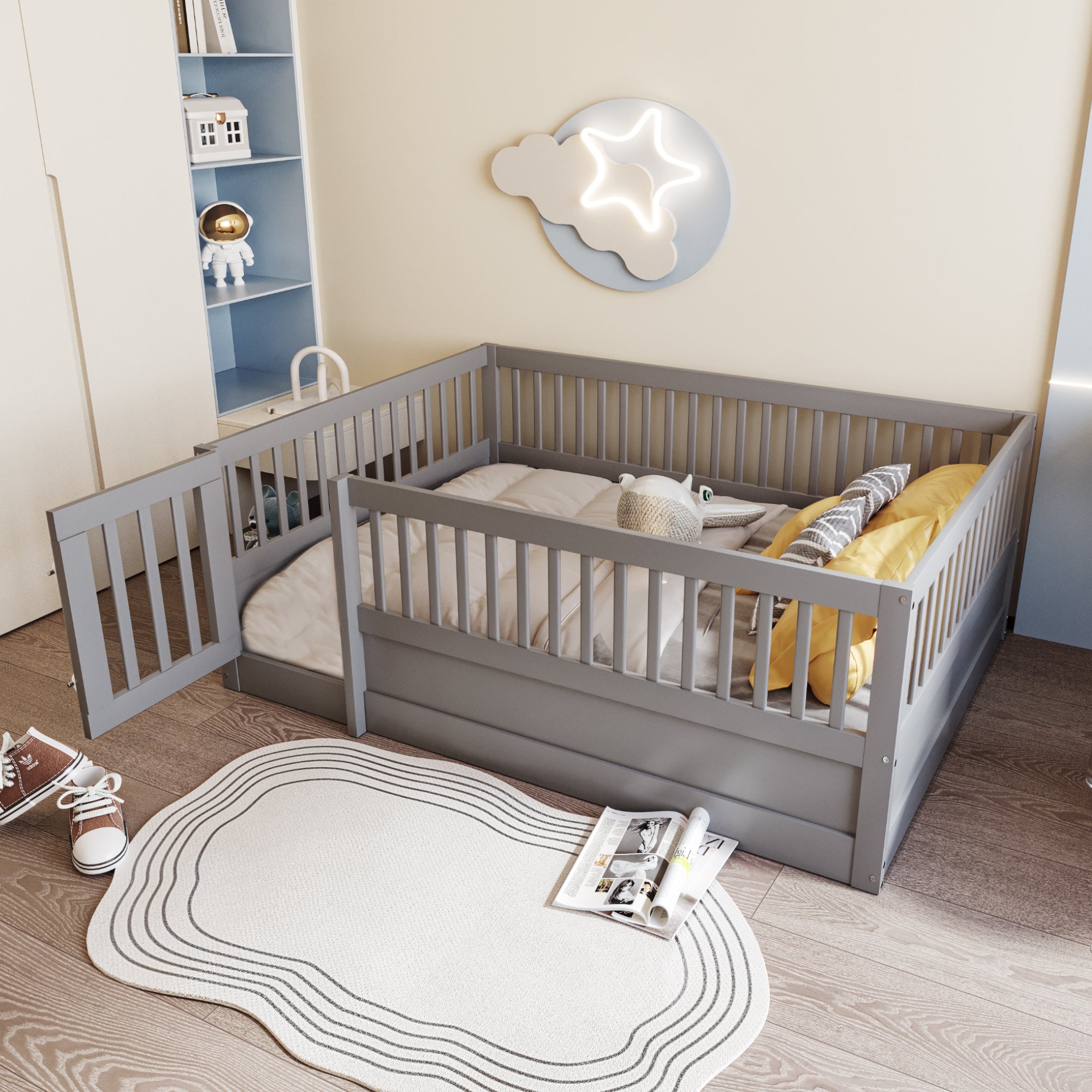 Children's Bed 140 x 200 cm, Wooden Frame with Bars & Door, Grey