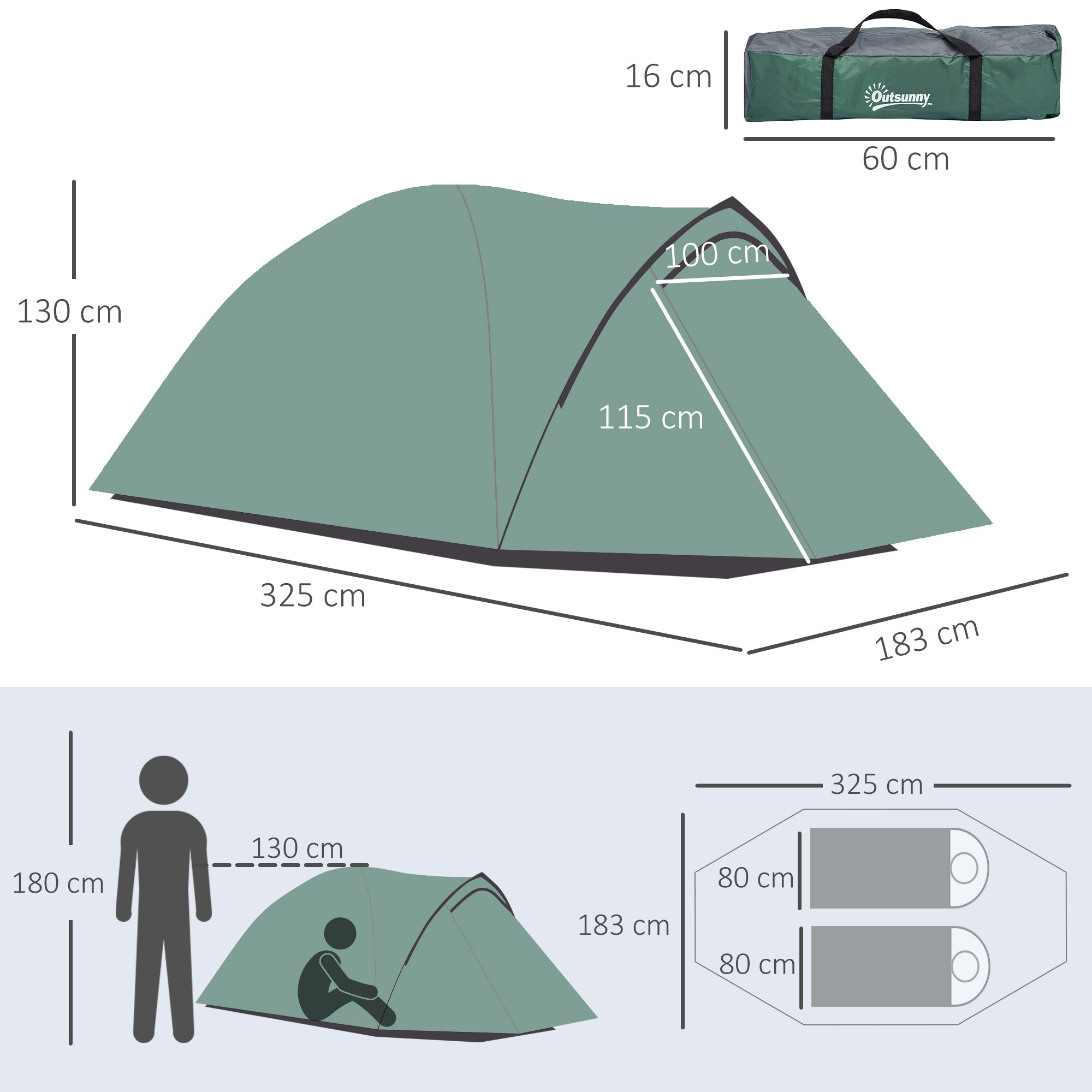 Tent 2 Person Camping Dome, Polyester Gray