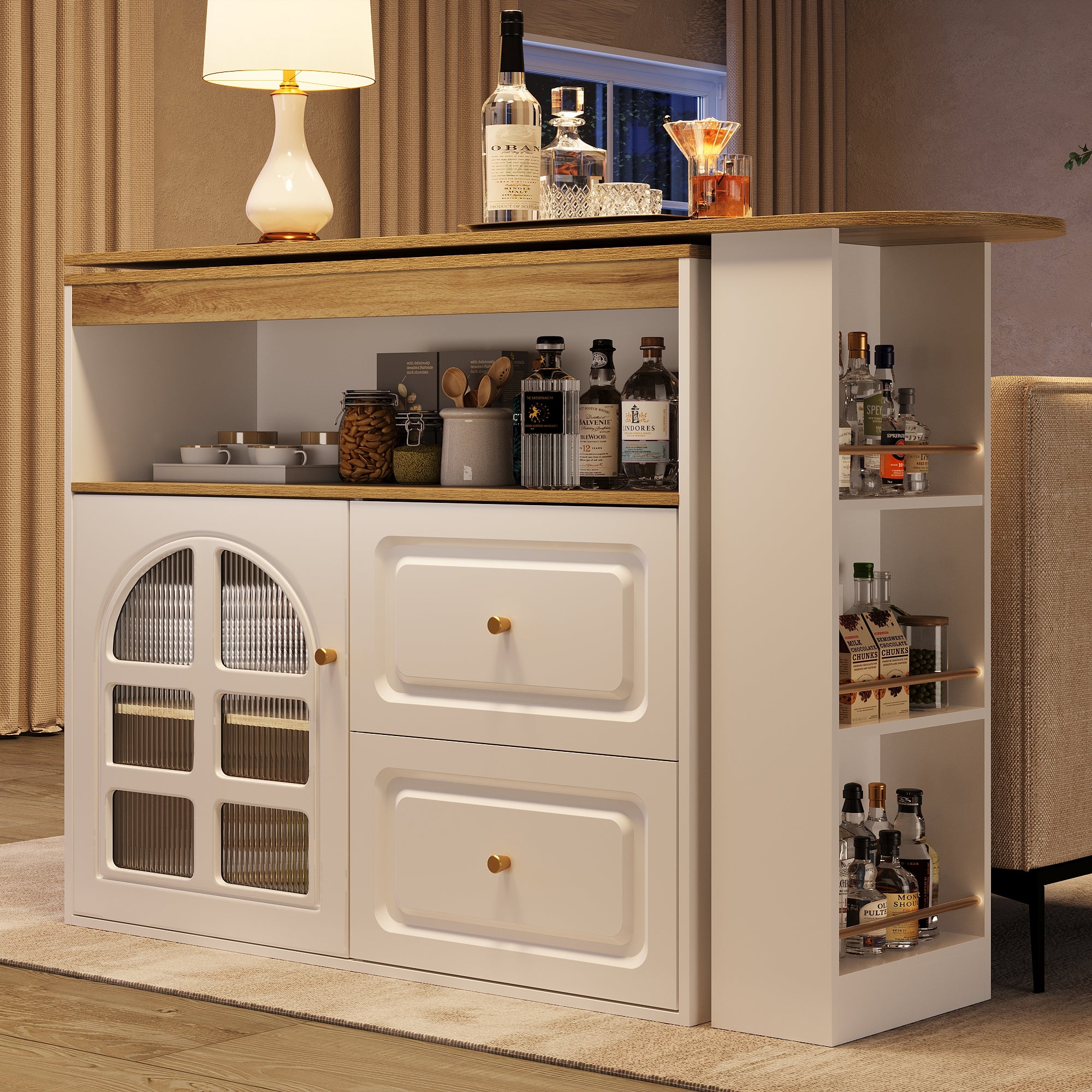 Rotating Dining Bar Sideboard 360° Swivel with 2 Drawers Snack Shelf Curved Glass White