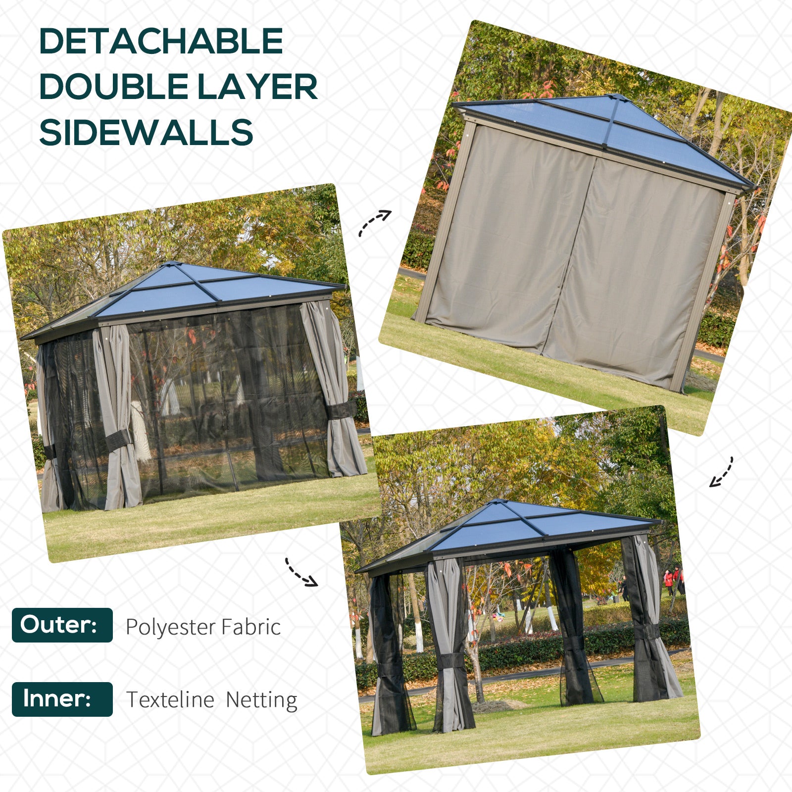 3 x 3m Hardtop Gazebo Canopy with Polycarbonate Roof & Netting/Curtains, Aluminium Frame, Dark Grey