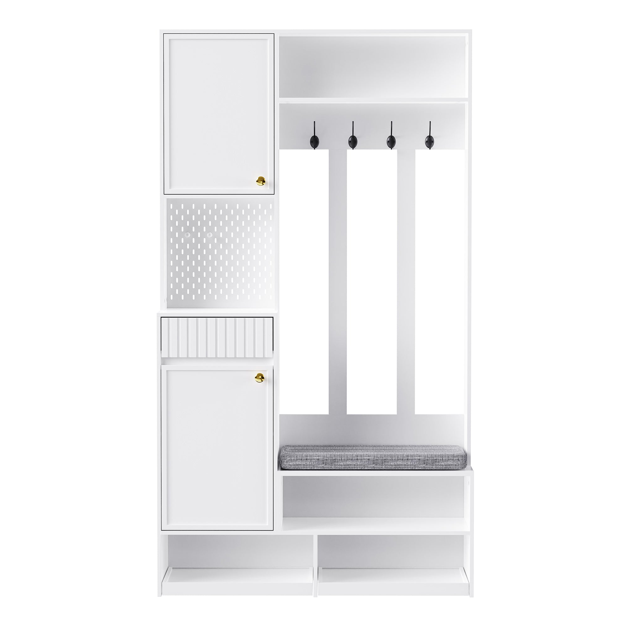Wardrobe set, complete hallway with bench, 4 hooks, doors & drawers - white