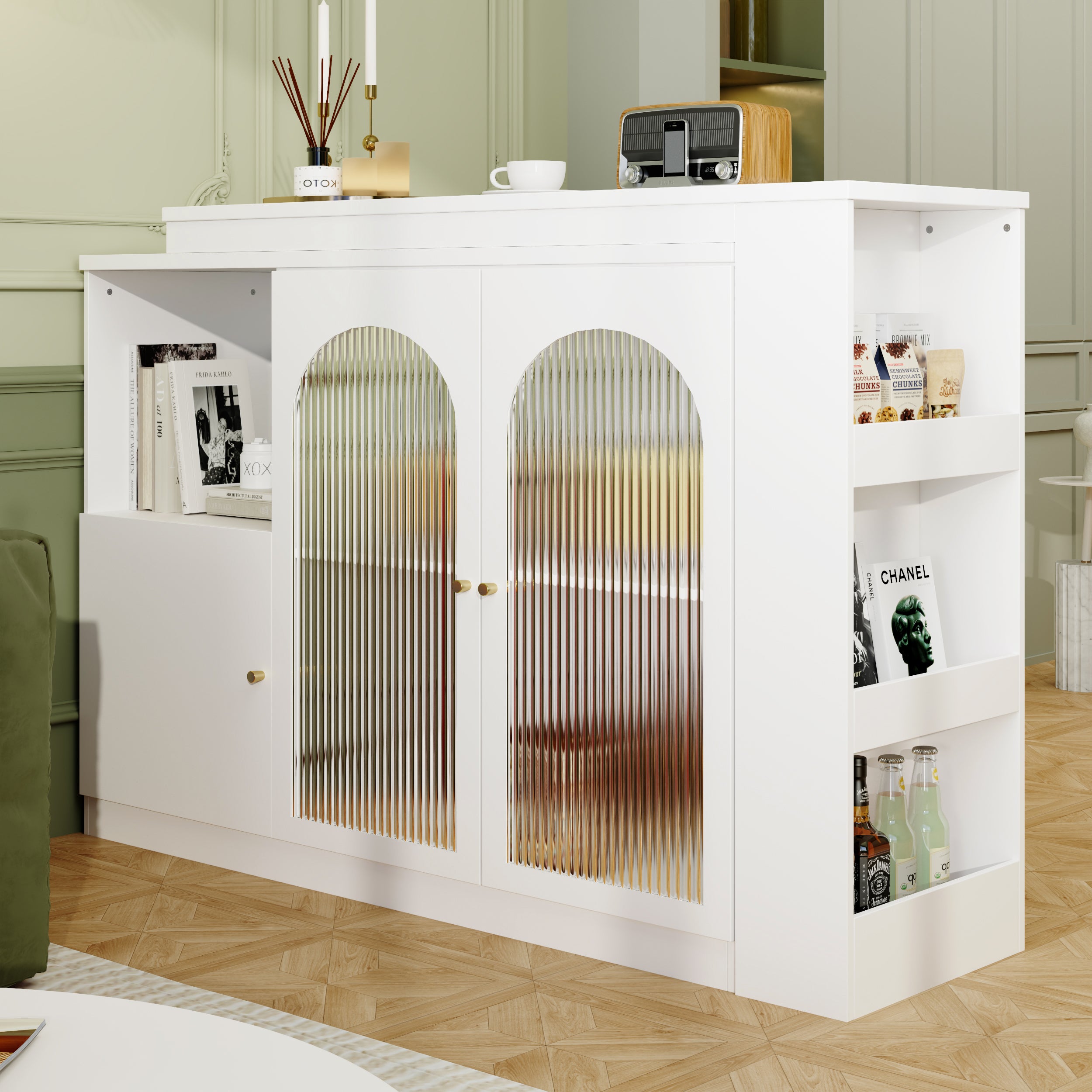 Bar Table, 360° Rotating Dining Cabinet with Glass Door, White