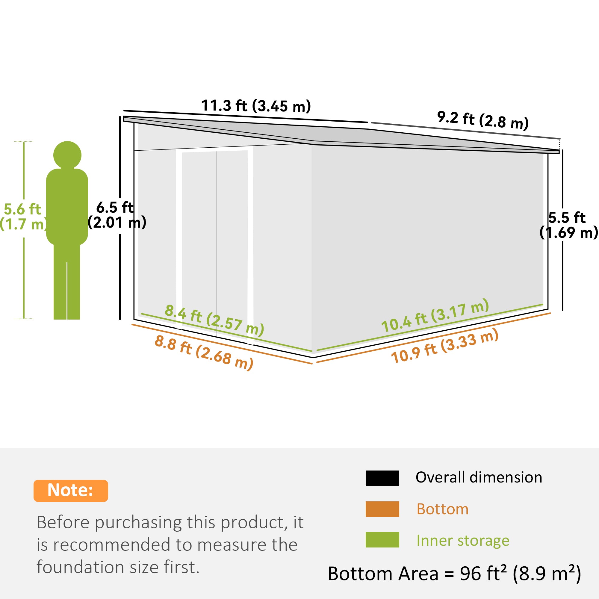 Garden Metal Storage Shed Double Sliding Doors 2 Air Vents 11.3x9.2ft Green