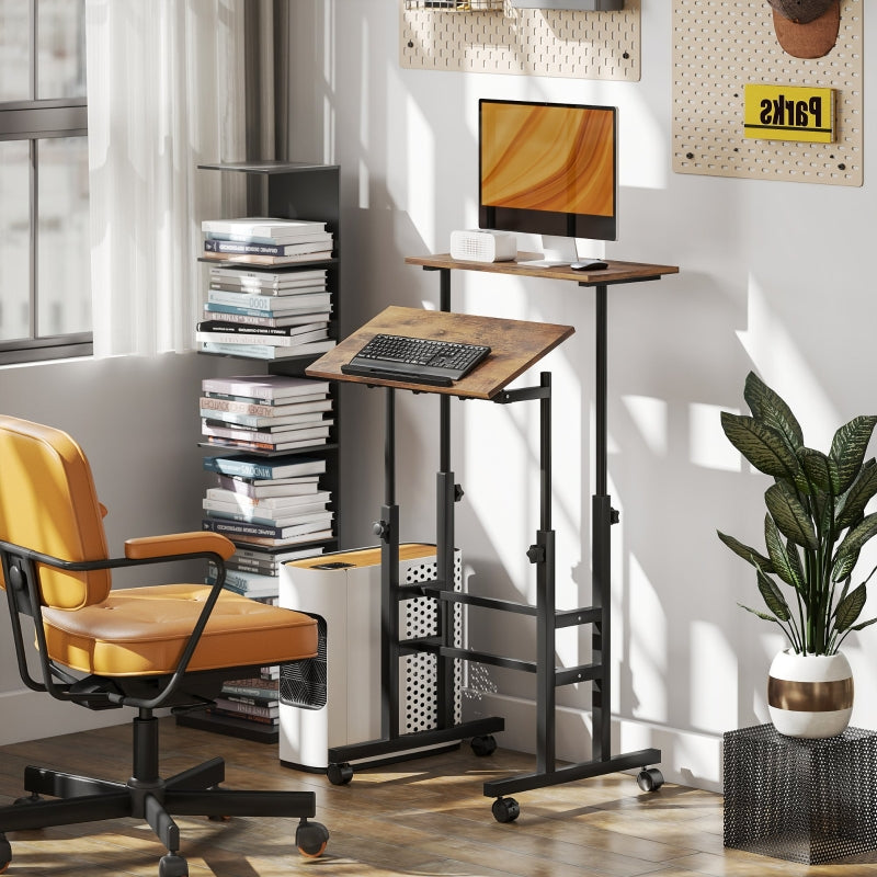 Height-Adjustable Desk/Kitchen Table with Shelf & Casters, Rustic Brown